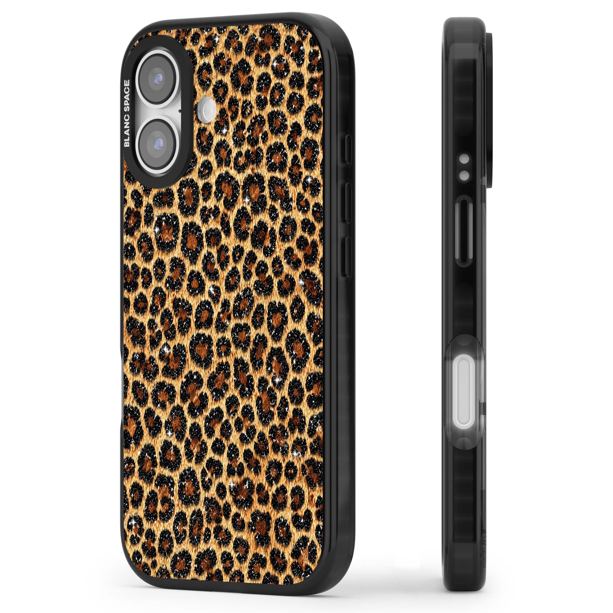 Diamond Leopard leopard print iPhone case featuring golden tan fur, black rosette spots and subtle glitter sparkle | Black Impact Magsafe case for iPhone 17