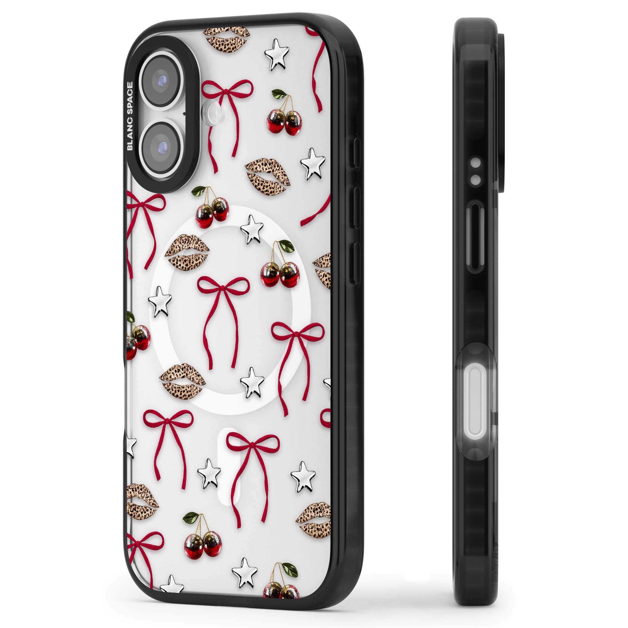 Starlet coquette iPhone case featuring red ribbon bows, disco cherries and leopard-print lips | Black Impact Magsafe case for iPhone 17