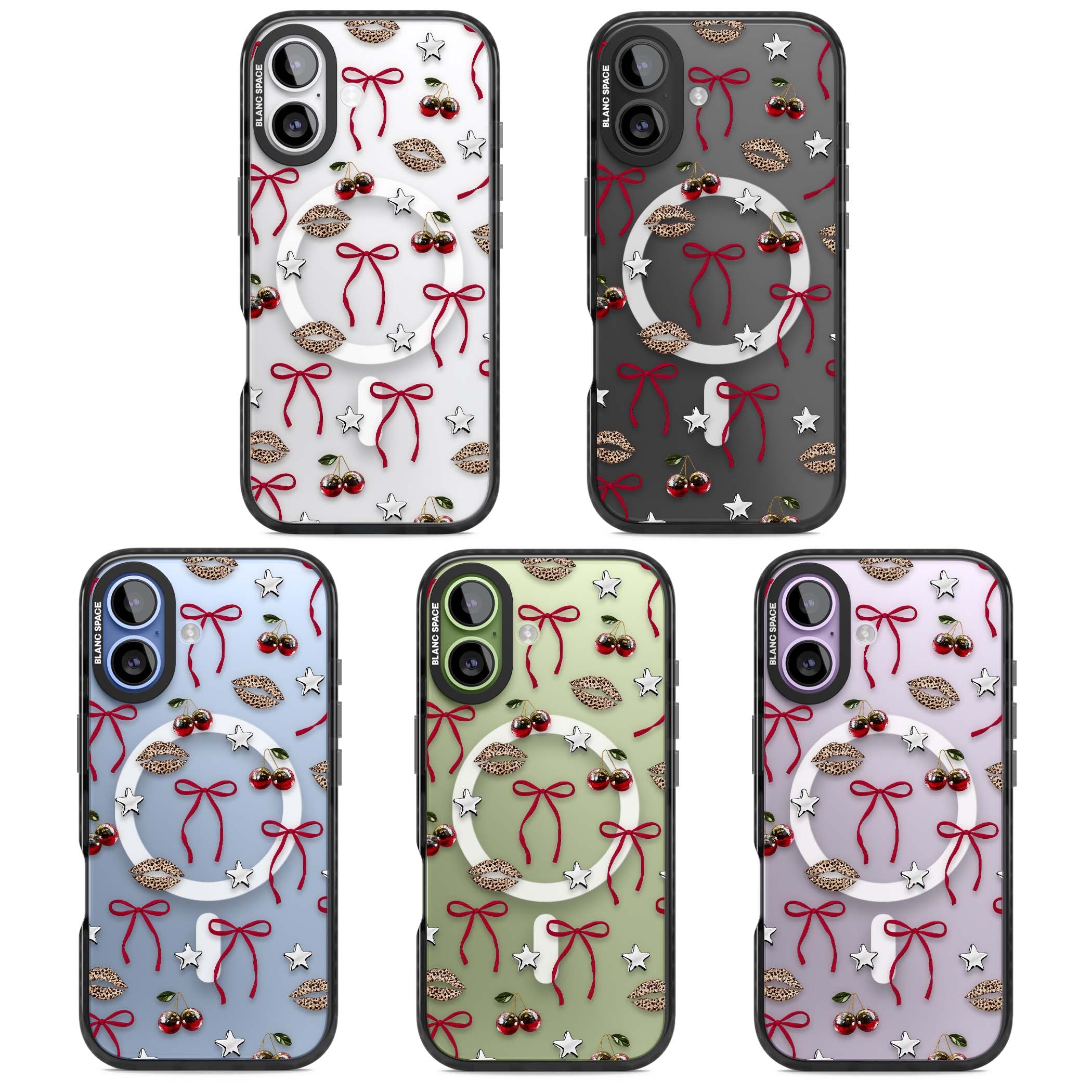 Starlet coquette iPhone case featuring red ribbon bows, disco cherries and leopard-print lips | Black Impact Magsafe case for iPhone 17