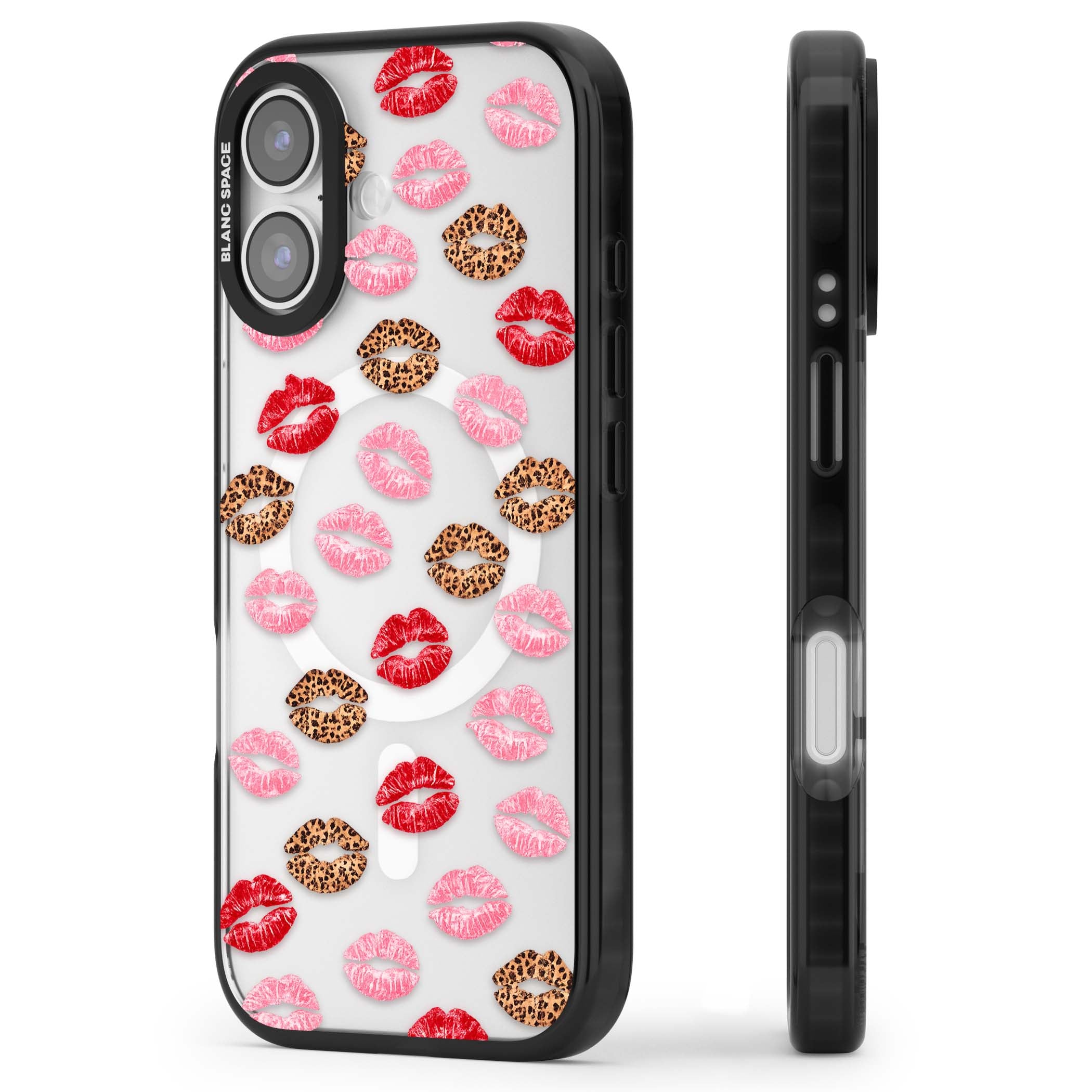Wild Kisses coquette iPhone case featuring red, pink and leopard print lipstick kiss marks on a clear background | Black Impact Magsafe case for iPhone 17