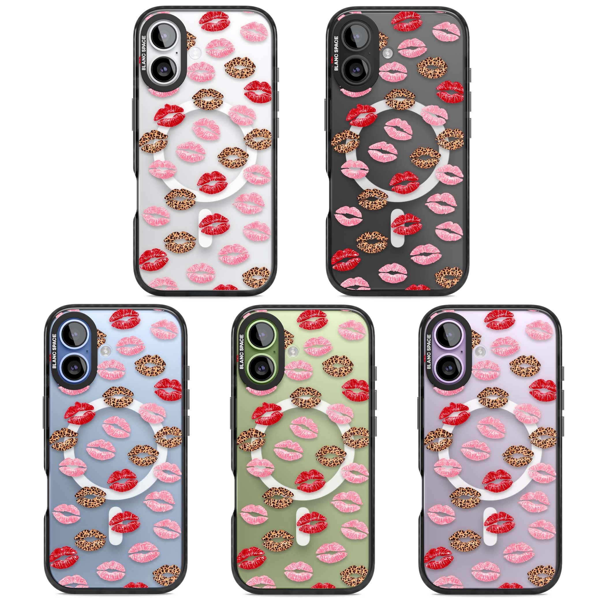 Wild Kisses coquette iPhone case featuring red, pink and leopard print lipstick kiss marks on a clear background | Black Impact Magsafe case for iPhone 17