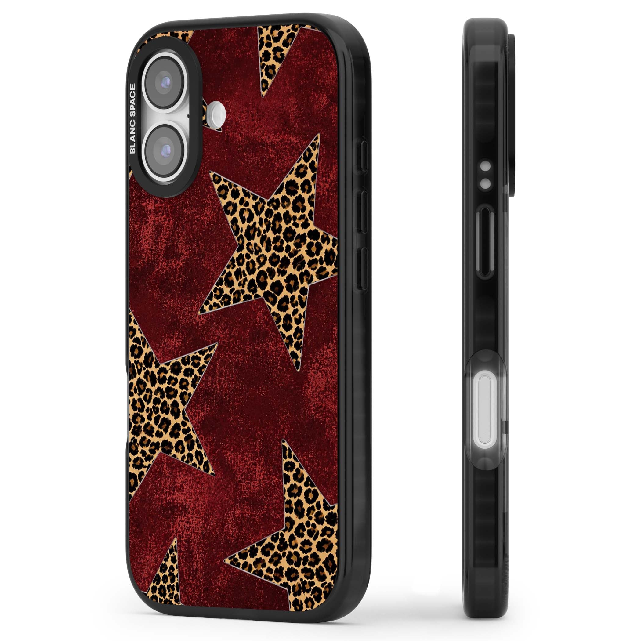Showgirl leopard print iPhone case featuring cheetah print stars on distressed red grunge background | Black Impact Magsafe case for iPhone 17