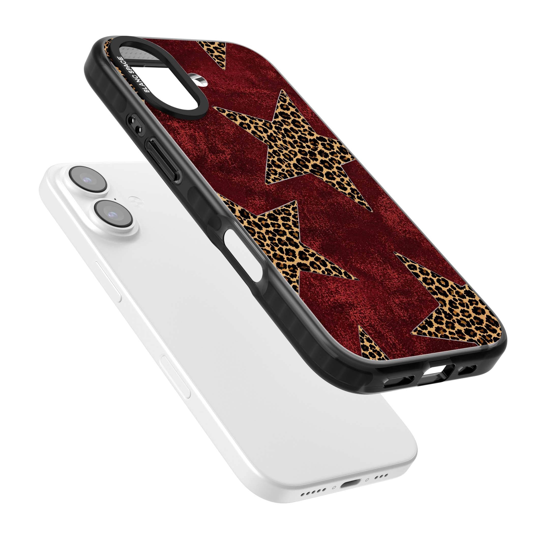Showgirl leopard print iPhone case featuring cheetah print stars on distressed red grunge background | Black Impact Magsafe case for iPhone 17