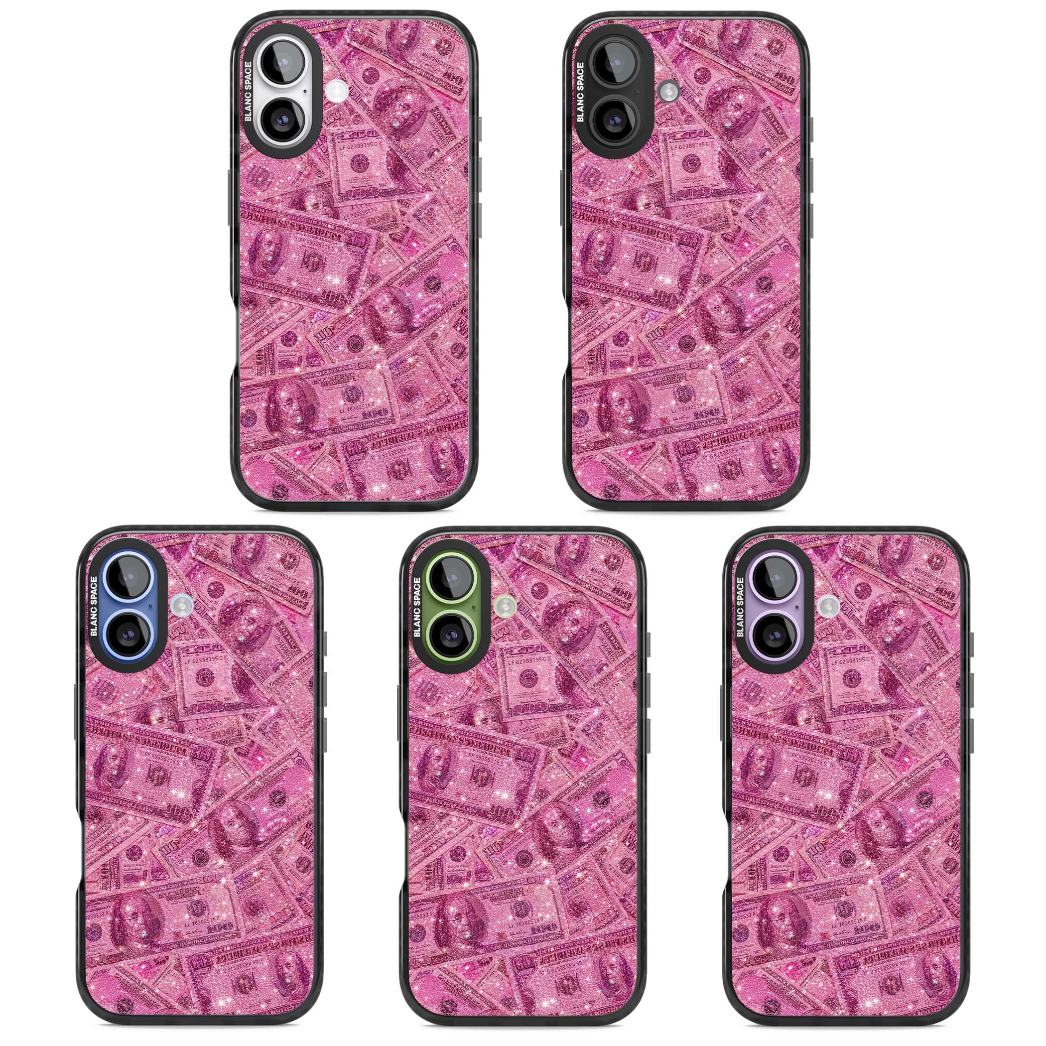 Glamorous baddie iPhone case featuring pink glitter hundred dollar bills and sparkling money wallpaper design | Black Impact Magsafe case for iPhone 17
