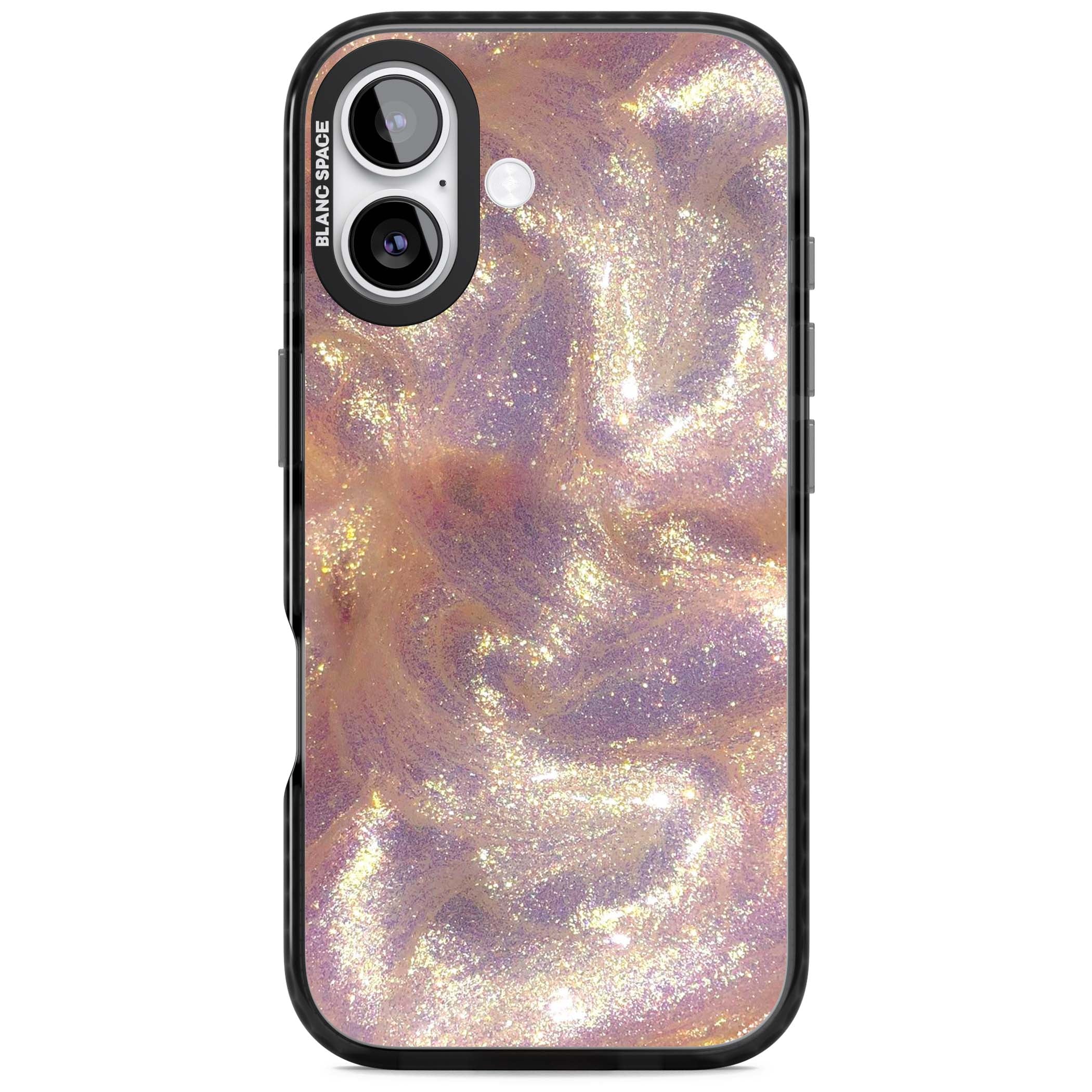 Shimmer marble iPhone case featuring rose gold glitter swirls, lilac shimmer and iridescent pearl finish | Black Impact Magsafe case for iPhone 17
