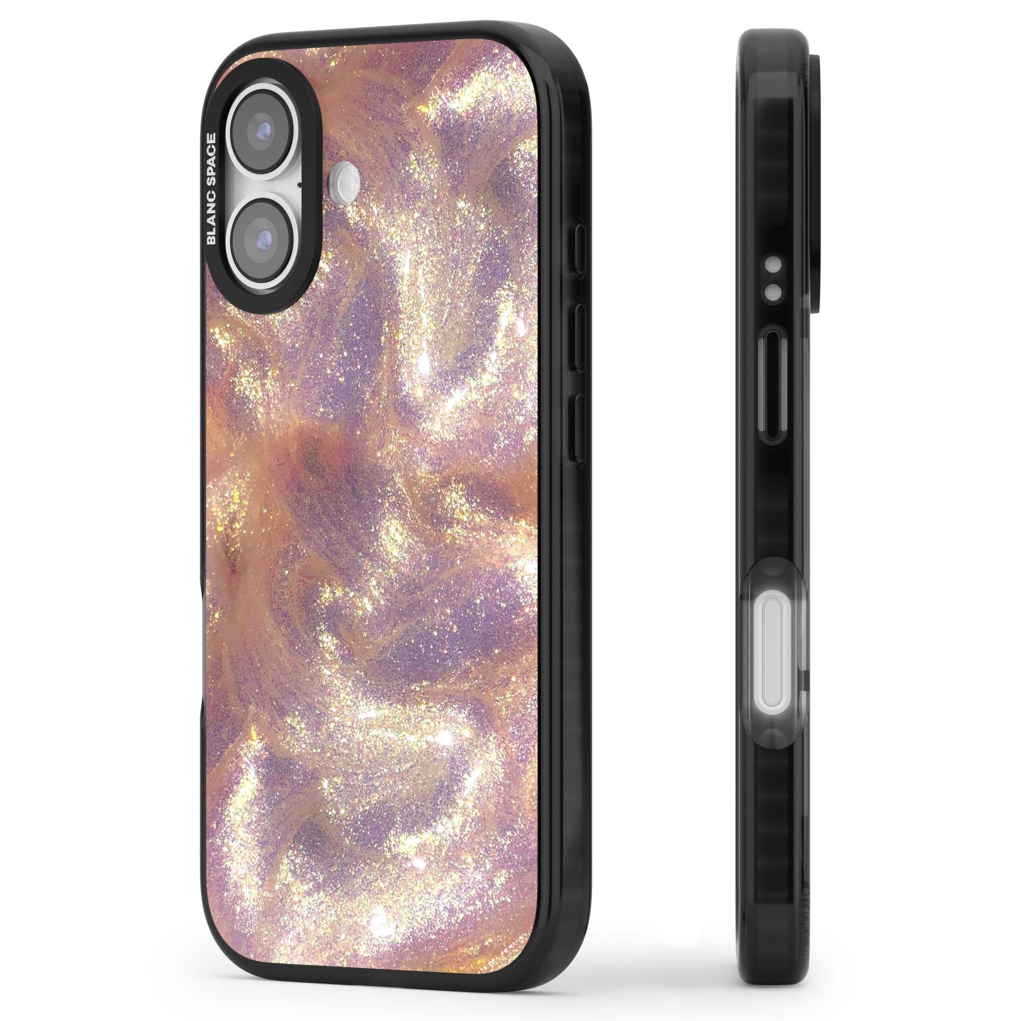 Shimmer marble iPhone case featuring rose gold glitter swirls, lilac shimmer and iridescent pearl finish | Black Impact Magsafe case for iPhone 17