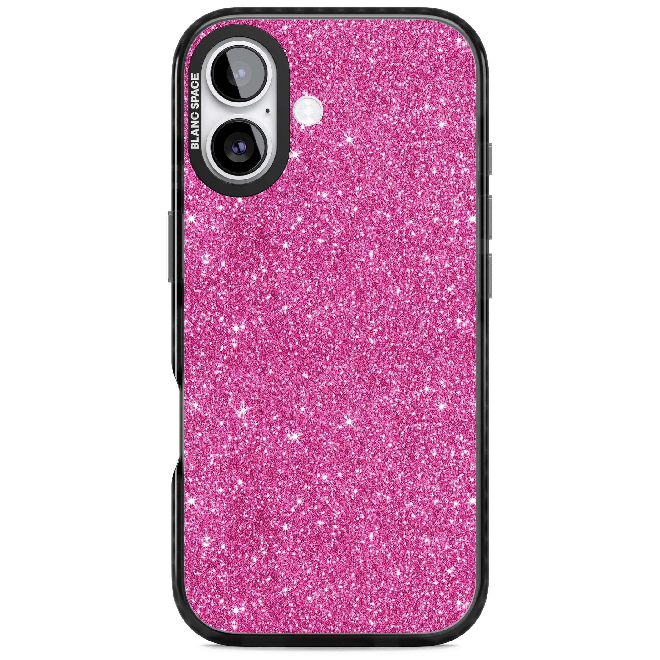Pink Glitter Y2K iPhone case featuring hot pink glitter wallpaper with sparkle shimmer effect | Black Impact Magsafe case for iPhone 17
