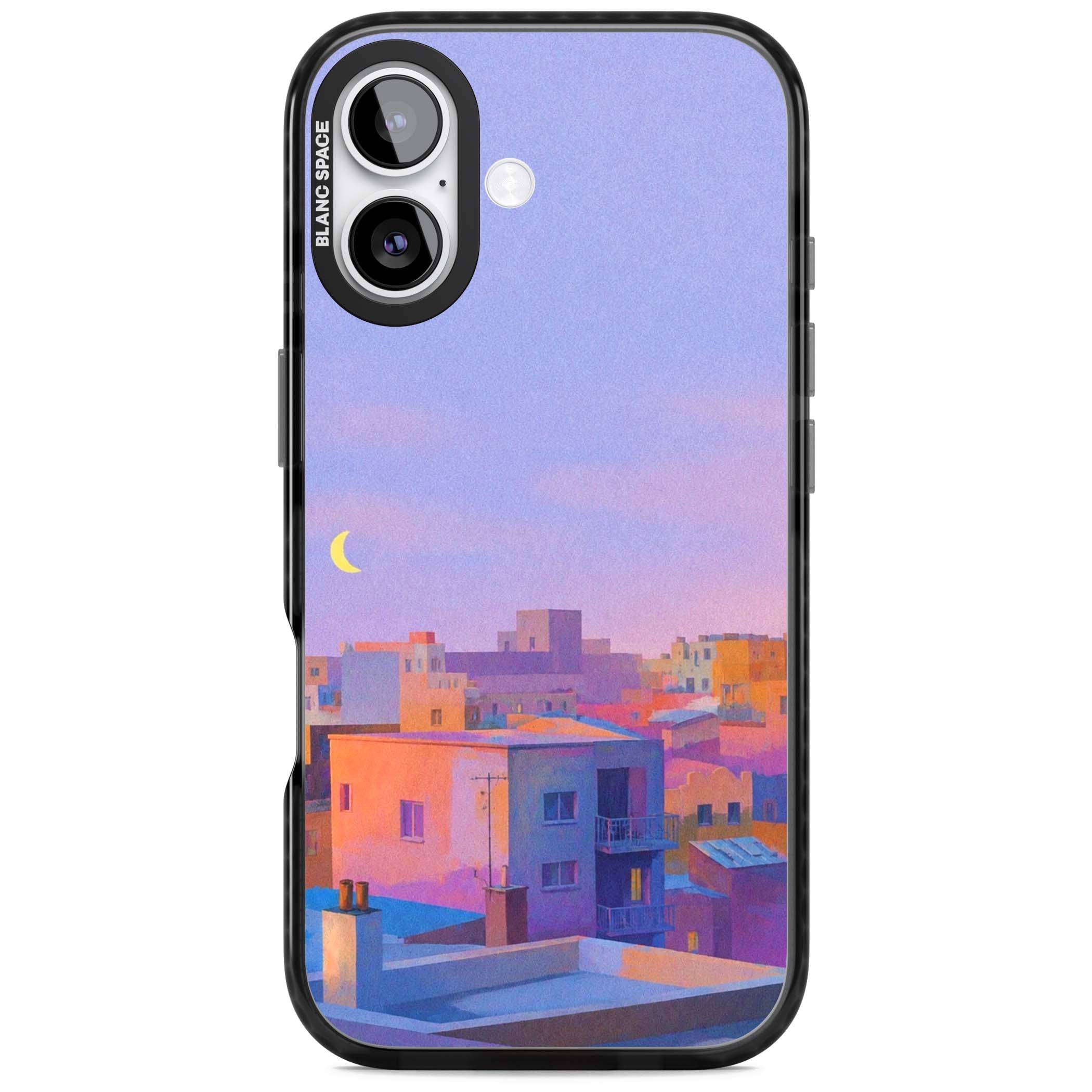 Twilight Rooftops vaporwave iPhone case featuring a pastel sunset cityscape, painted rooftops and a crescent moon. | Black Impact Magsafe case for iPhone 17