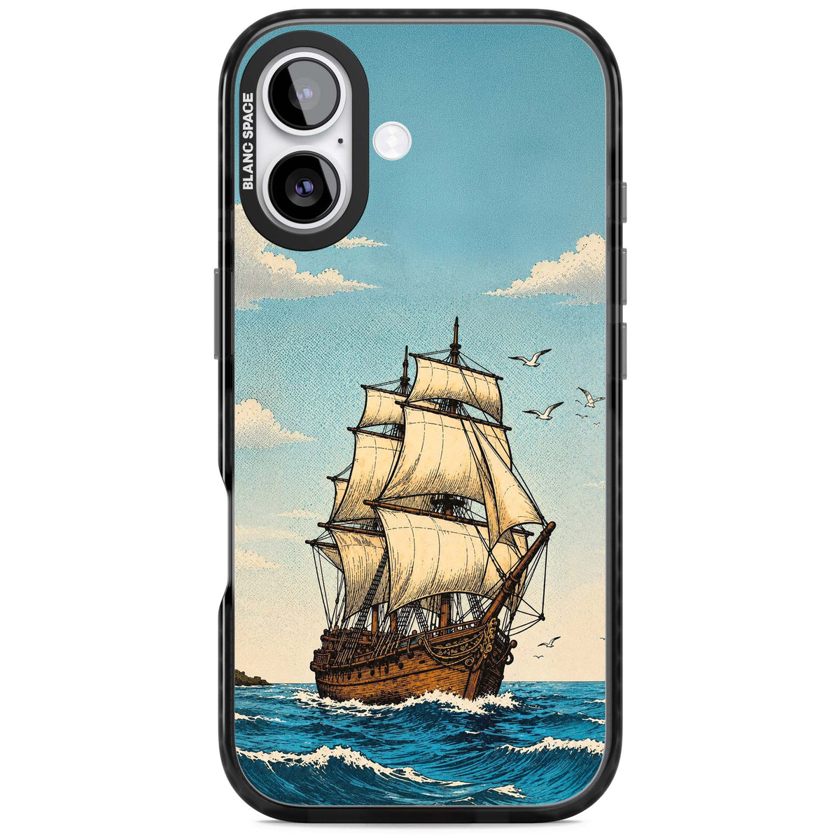 Ship at Sea nautical iPhone case featuring a vintage tall ship, ocean waves and seagulls | Black Impact Magsafe case for iPhone 17
