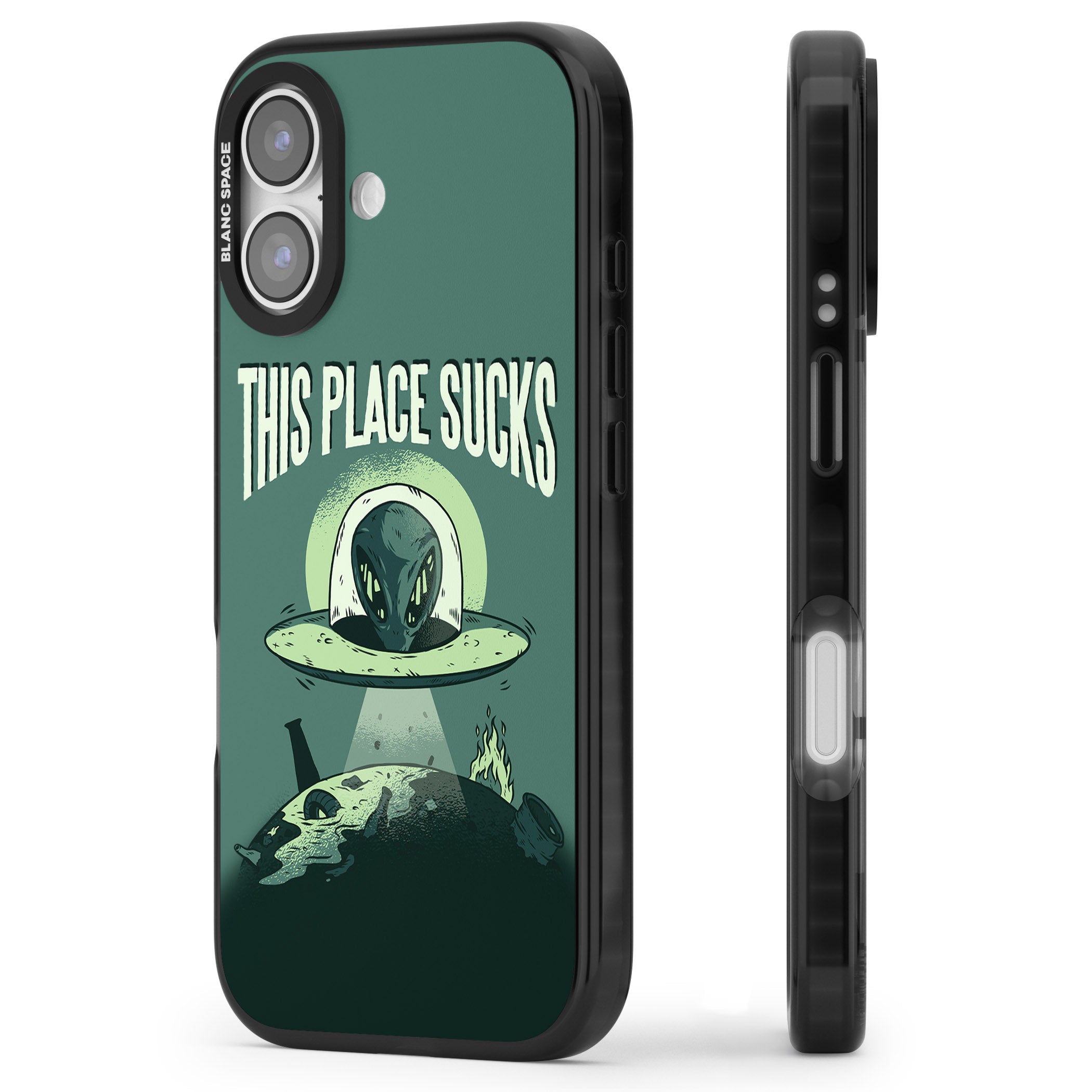 Earth Sucks iPhone 17 Impact Pro Black Phone Case Side Profile
