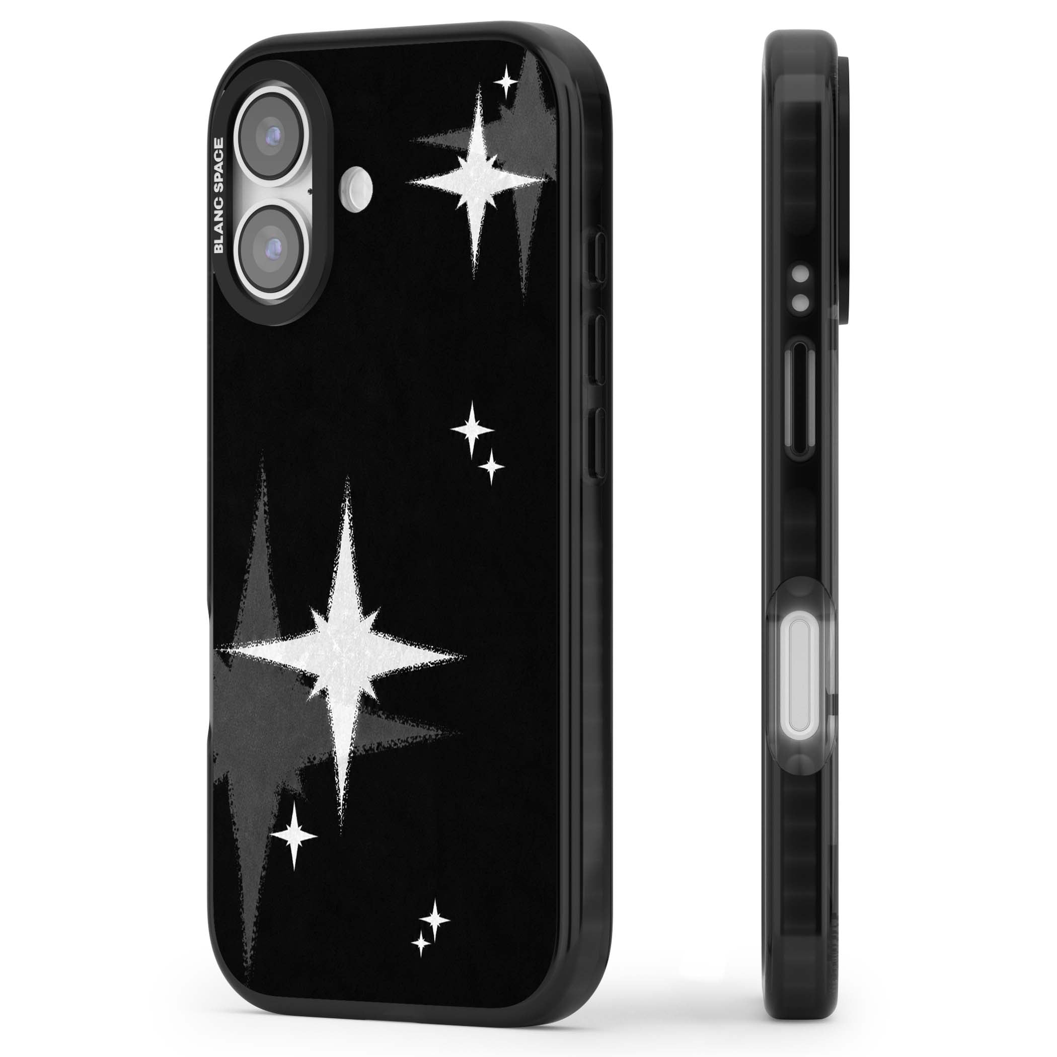 Black Sparkle celestial iPhone case featuring white sparkle stars on a black night sky background | Black Impact Magsafe case for iPhone 17