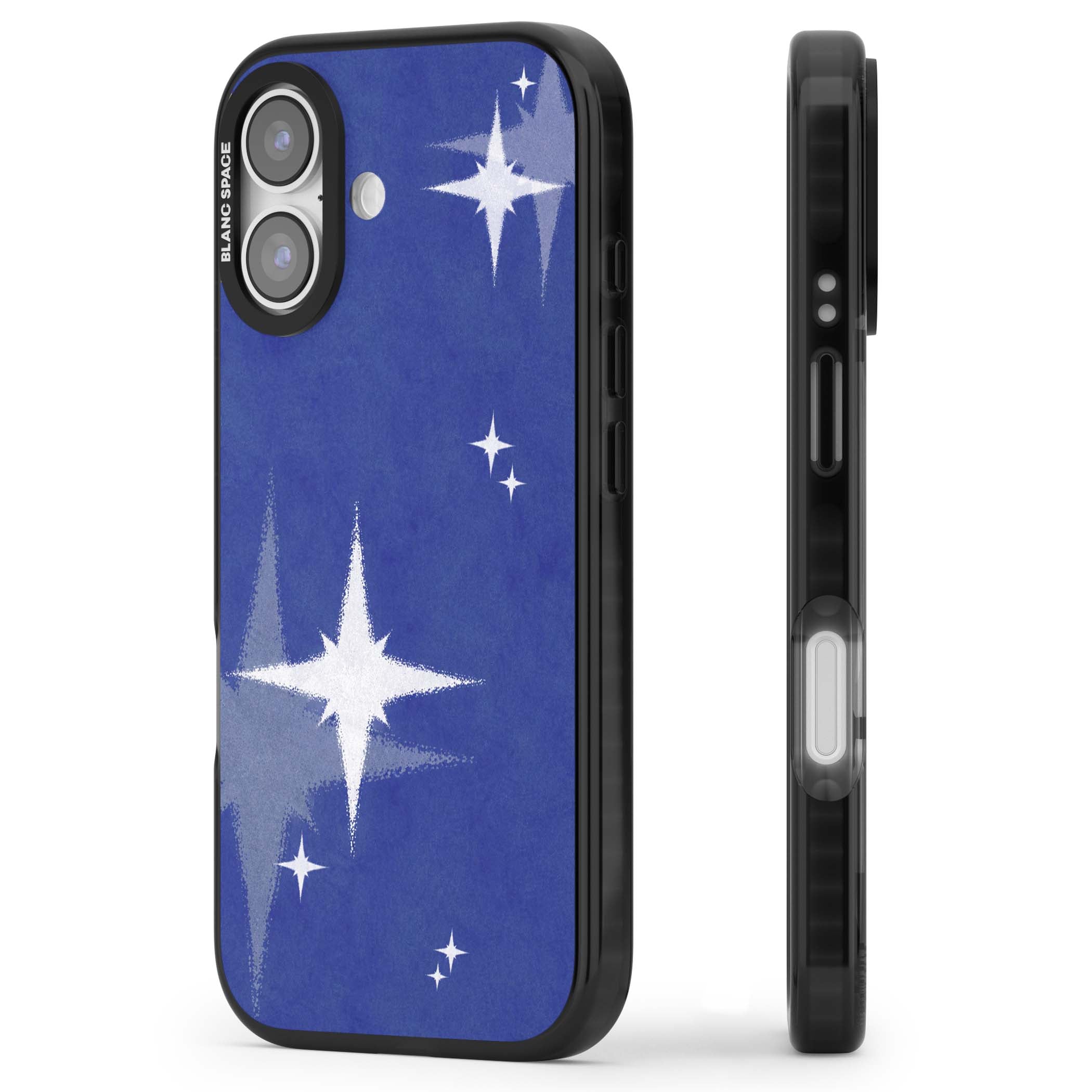 Blue Sparkle celestial iPhone case featuring sparkling silver stars on a deep blue painterly night sky | Black Impact Magsafe case for iPhone 17