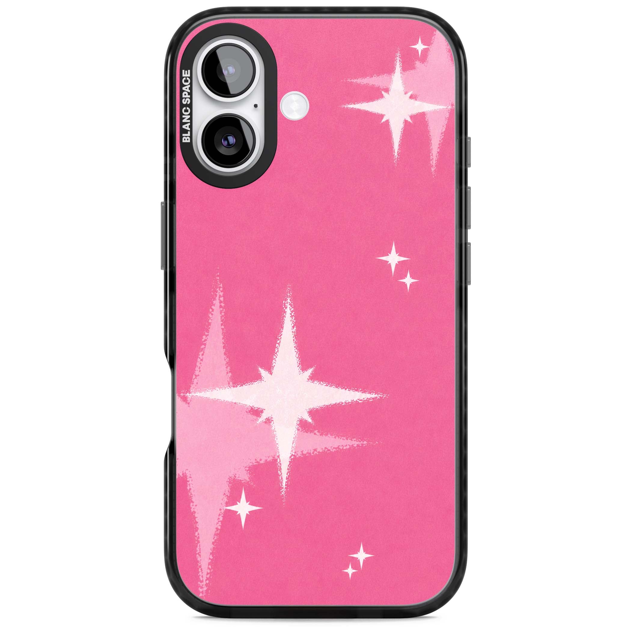 Pink Sparkle Y2K iPhone case featuring hot pink background with shimmering white starburst pattern | Black Impact Magsafe case for iPhone 17
