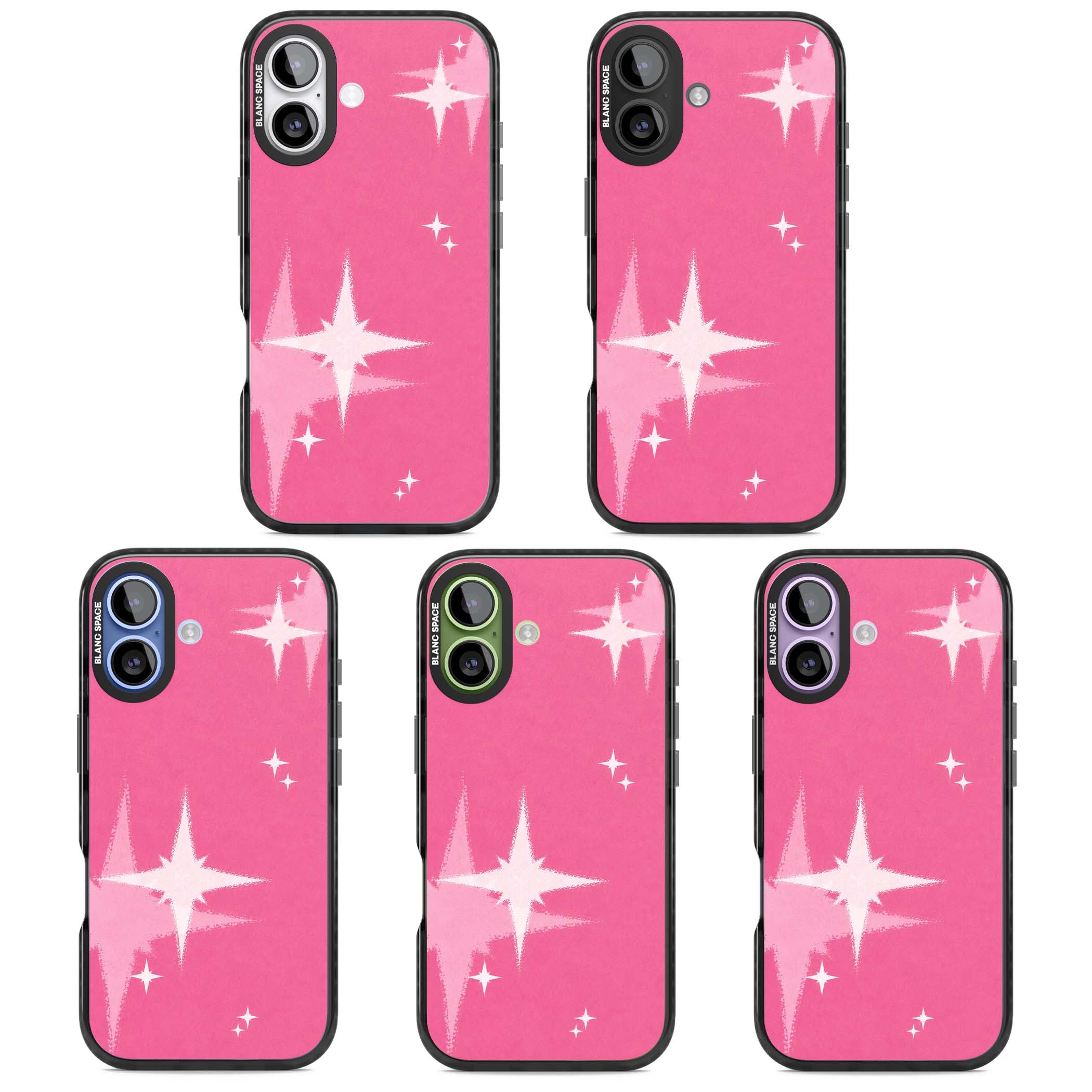 Pink Sparkle Y2K iPhone case featuring hot pink background with shimmering white starburst pattern | Black Impact Magsafe case for iPhone 17