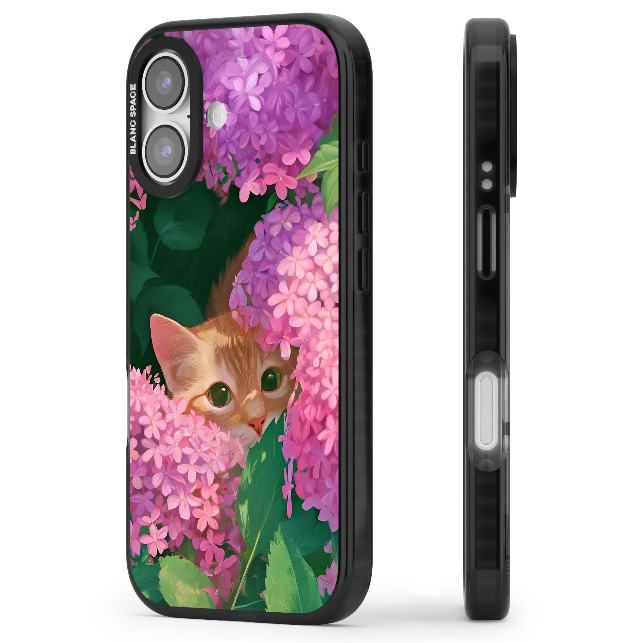 Cat In Pink Flowers cottagecore iPhone case featuring a ginger kitten peeking through lilac and pink hydrangea flo | Black Impact Magsafe case for iPhone 17