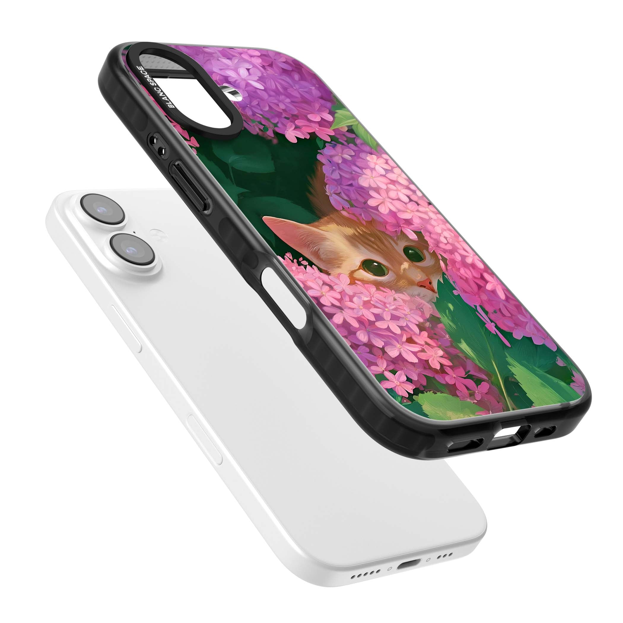 Cat In Pink Flowers cottagecore iPhone case featuring a ginger kitten peeking through lilac and pink hydrangea flo | Black Impact Magsafe case for iPhone 17