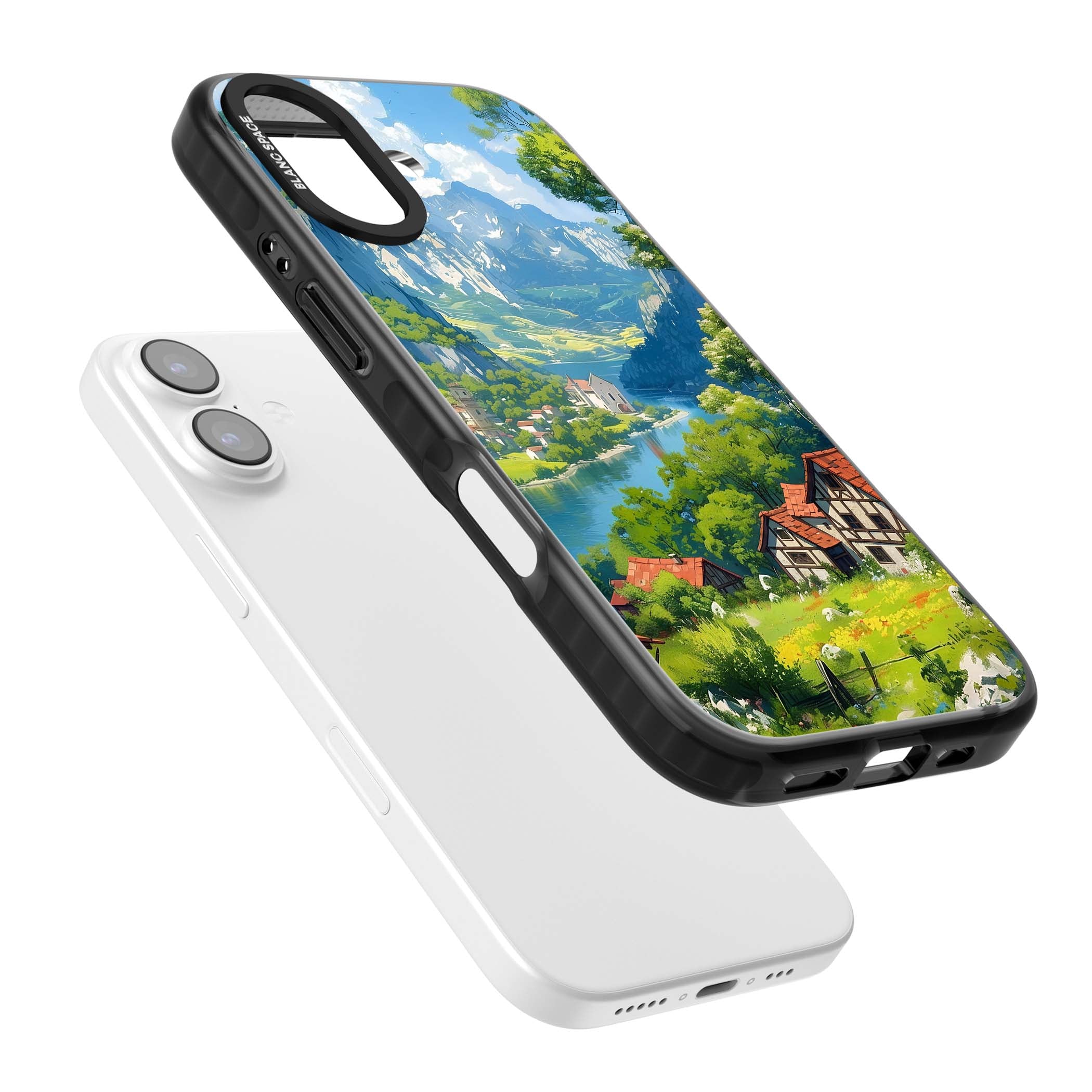 Village In The Valley anime iPhone case featuring a painted mountain village, river valley and half-timbered cottages. | Black Impact Magsafe case for iPhone 17