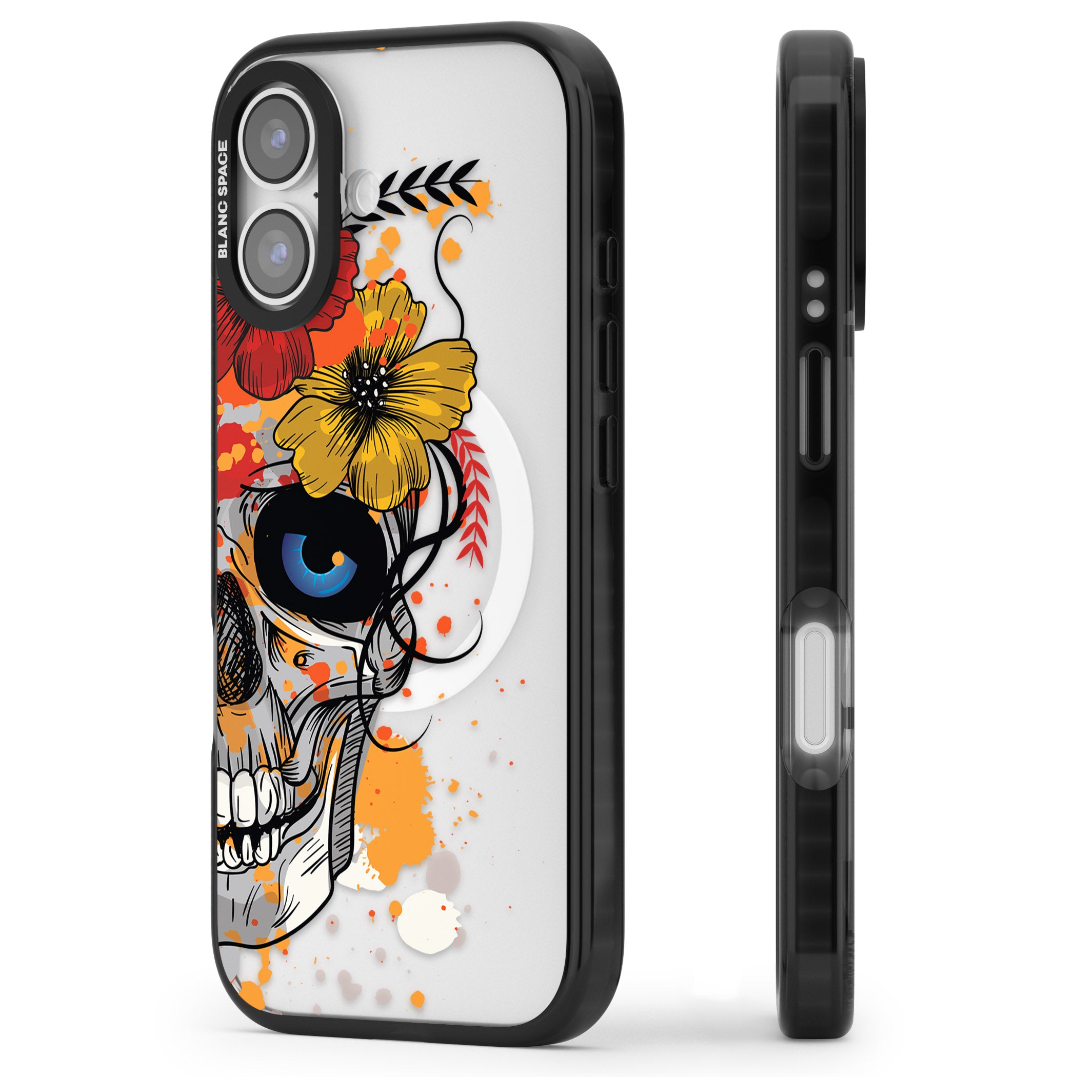 Sugar Skull Flowers iPhone 17 Impact Pro Black Phone Case Side Profile
