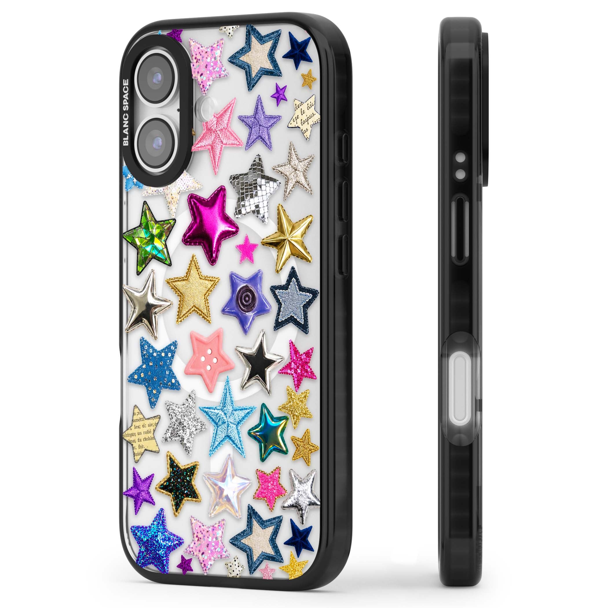 Crafty Star Mix Y2K iPhone case featuring embroidered, sequinned and glitter star patches in rainbow colours | Black Impact Magsafe case for iPhone 17