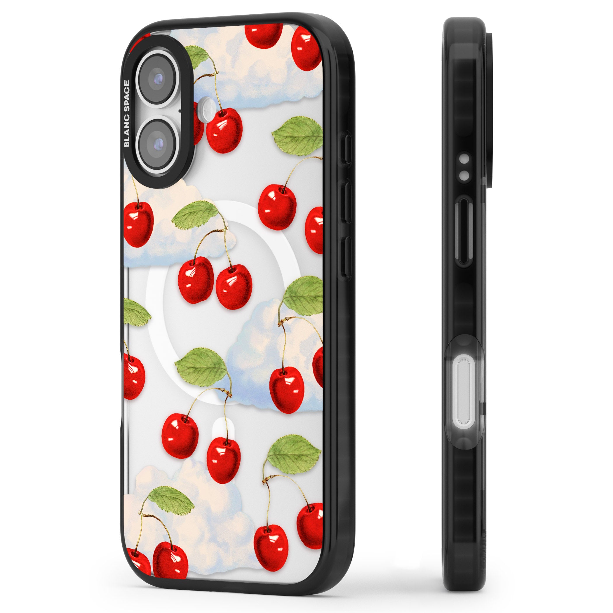 Vintage Cherries & Clouds iPhone 17 Impact Pro Black Phone Case Side Profile