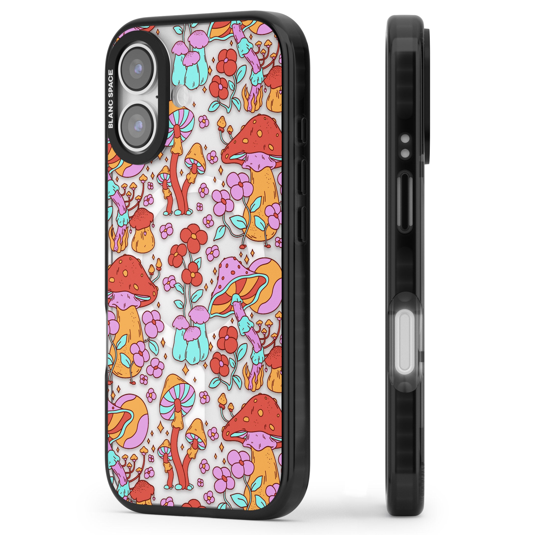 Psychedelic Flowers & Mushrooms iPhone 17 Impact Pro Black Phone Case Side Profile