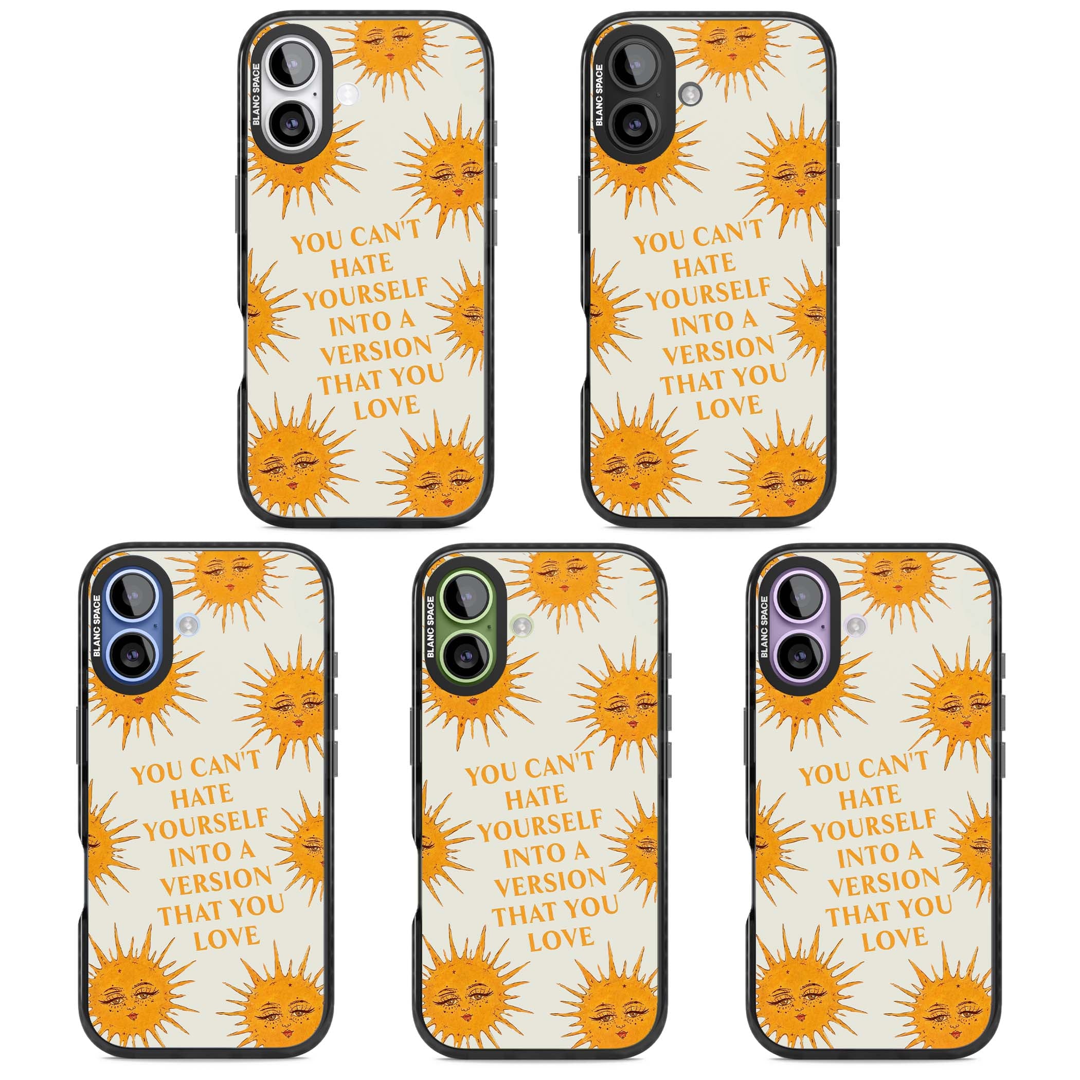 Don't Hate Yourself celestial iPhone case featuring vintage sun faces, ochre rays and a self-love quote | Black Impact Magsafe case for iPhone 17