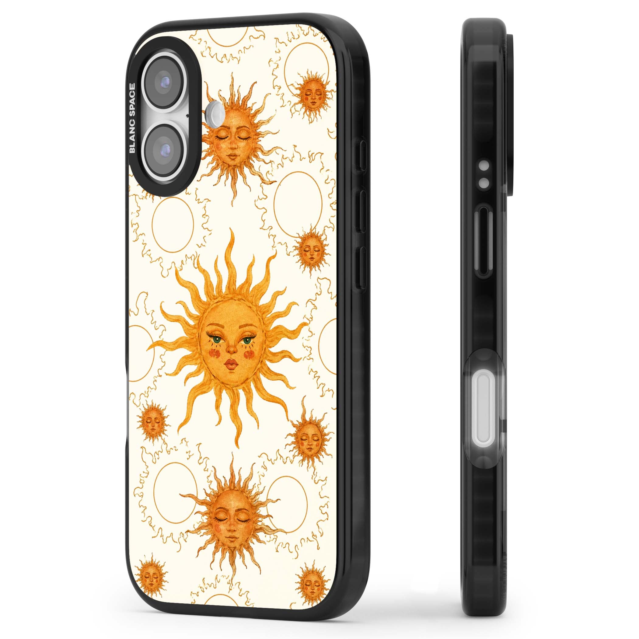 Solstice Muse celestial iPhone case featuring hand-painted golden sun faces, closed-eye sun goddesses and outlined moons... | Black Impact Magsafe case for iPhone 17