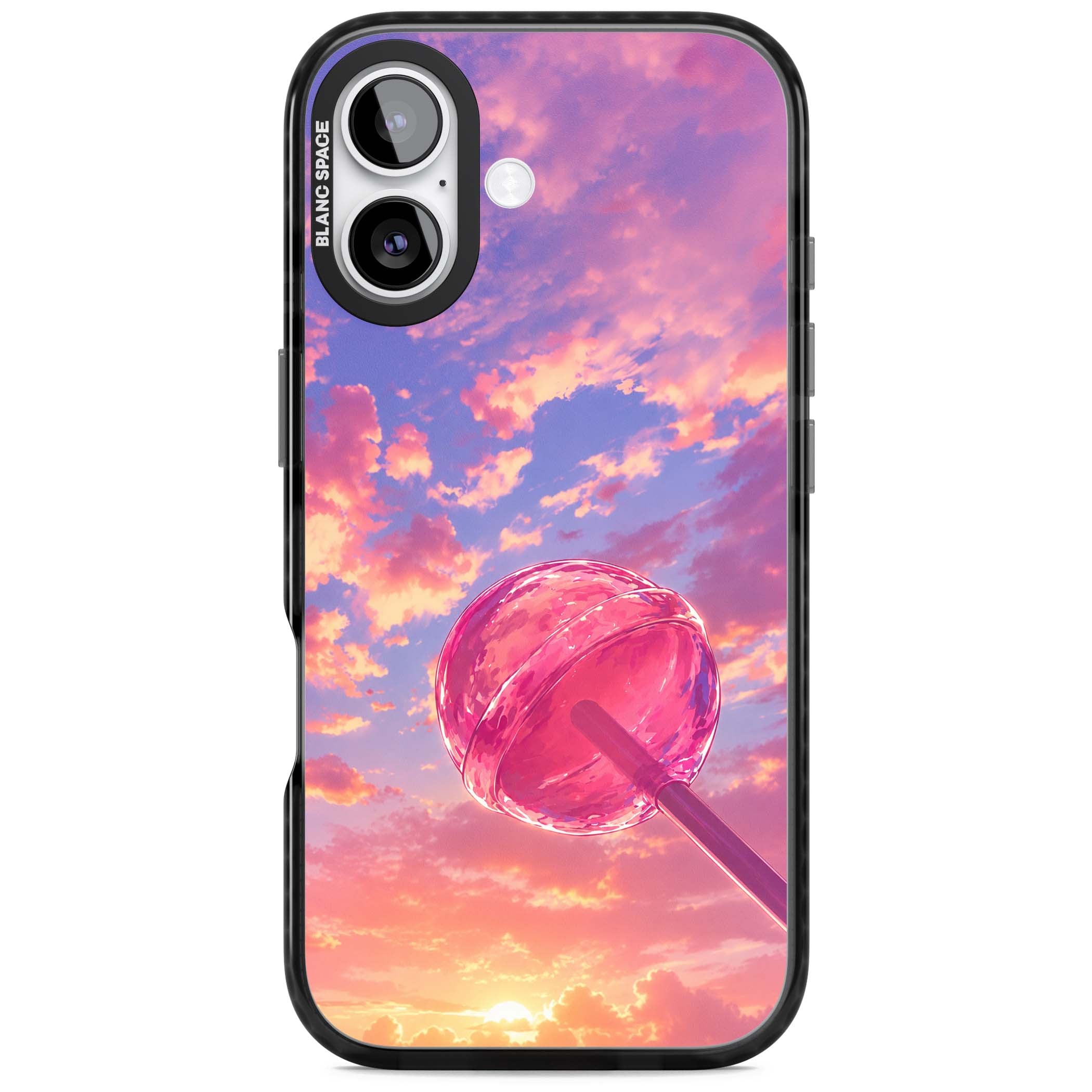 Sugar Sunset candy aesthetic iPhone case featuring a pink lollipop, pastel sunset sky and dreamy clouds | Black Impact Magsafe case for iPhone 17