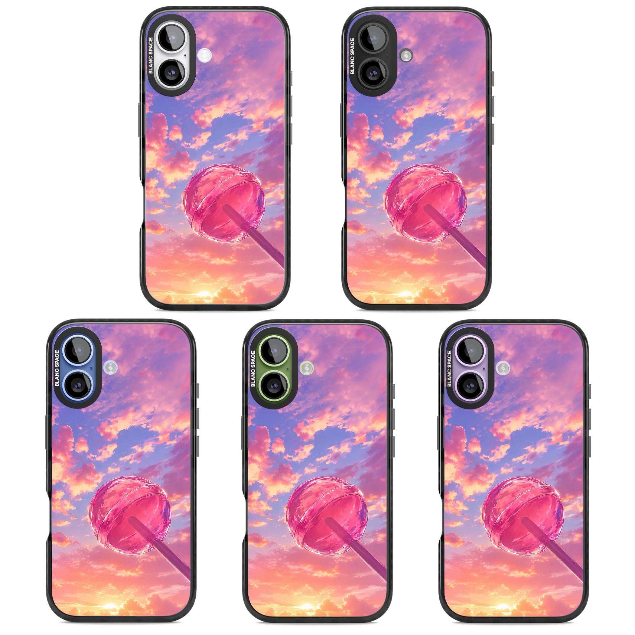 Sugar Sunset candy aesthetic iPhone case featuring a pink lollipop, pastel sunset sky and dreamy clouds | Black Impact Magsafe case for iPhone 17