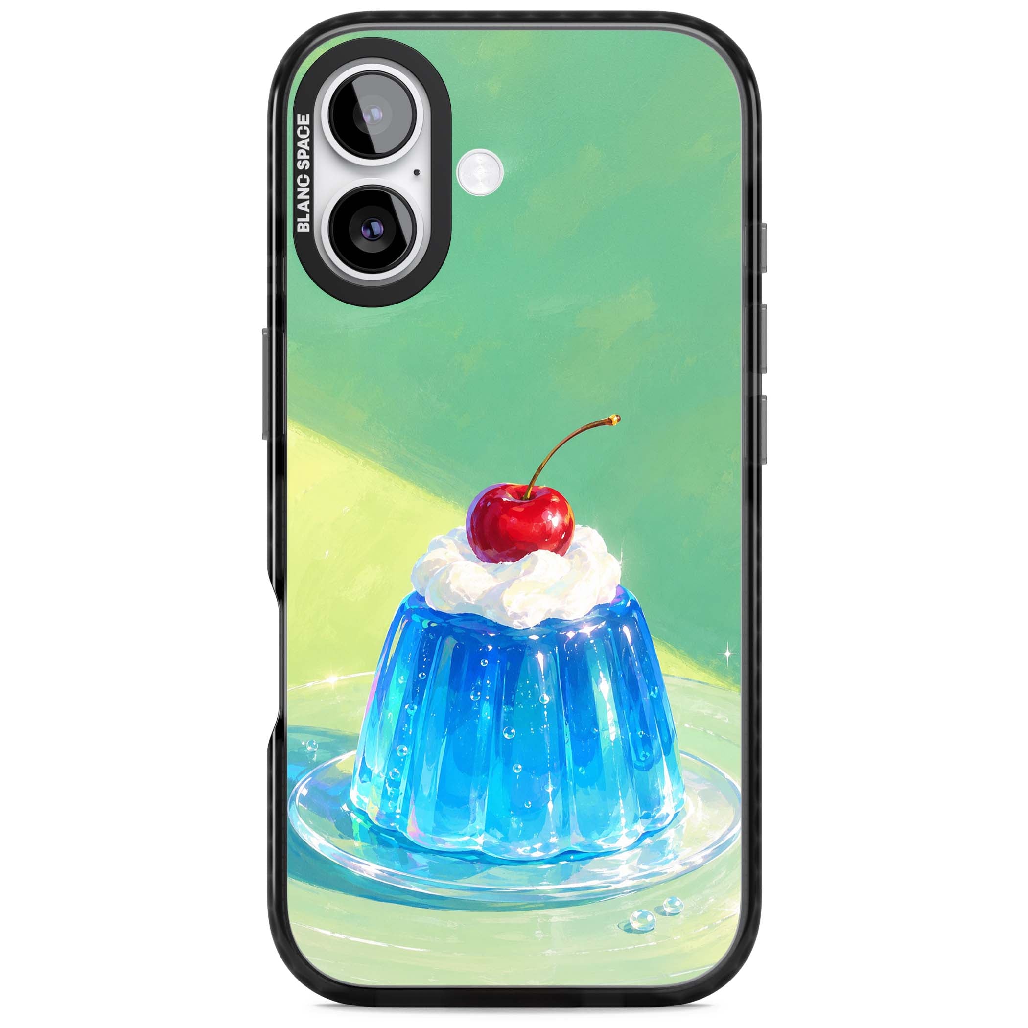 Cherry Jelly kawaii dessert iPhone case featuring blue jelly pudding, whipped cream and a red cherry | Black Impact Magsafe case for iPhone 17