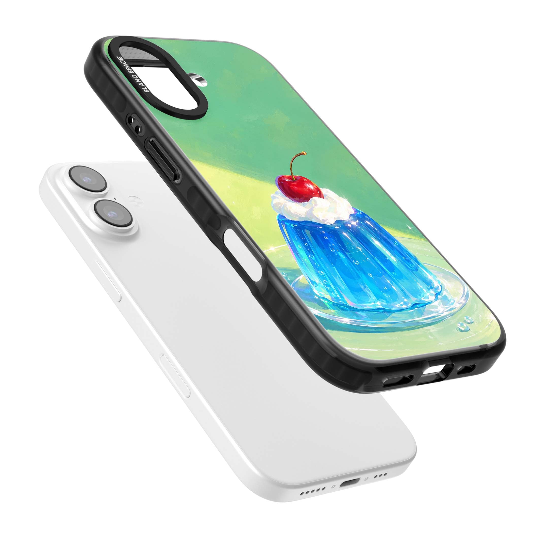 Cherry Jelly kawaii dessert iPhone case featuring blue jelly pudding, whipped cream and a red cherry | Black Impact Magsafe case for iPhone 17