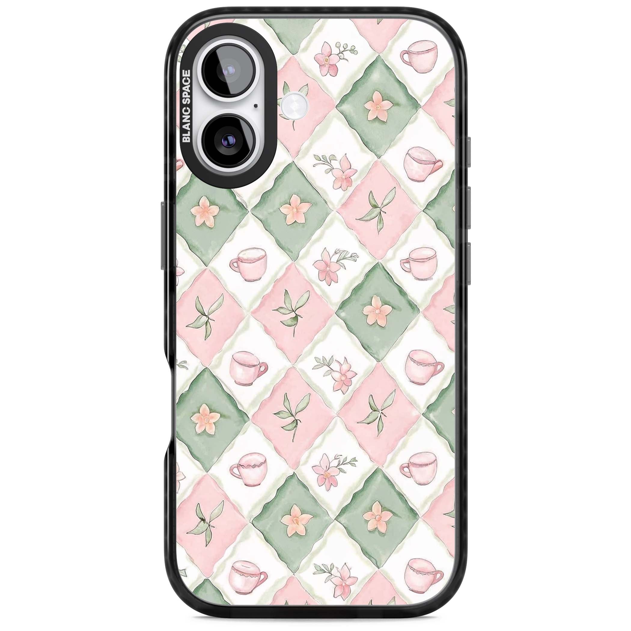 Garden Tea Party coquette iPhone case with pink and green checkered pattern, watercolour teacups and wildflowers | Black Impact Magsafe case for iPhone 17