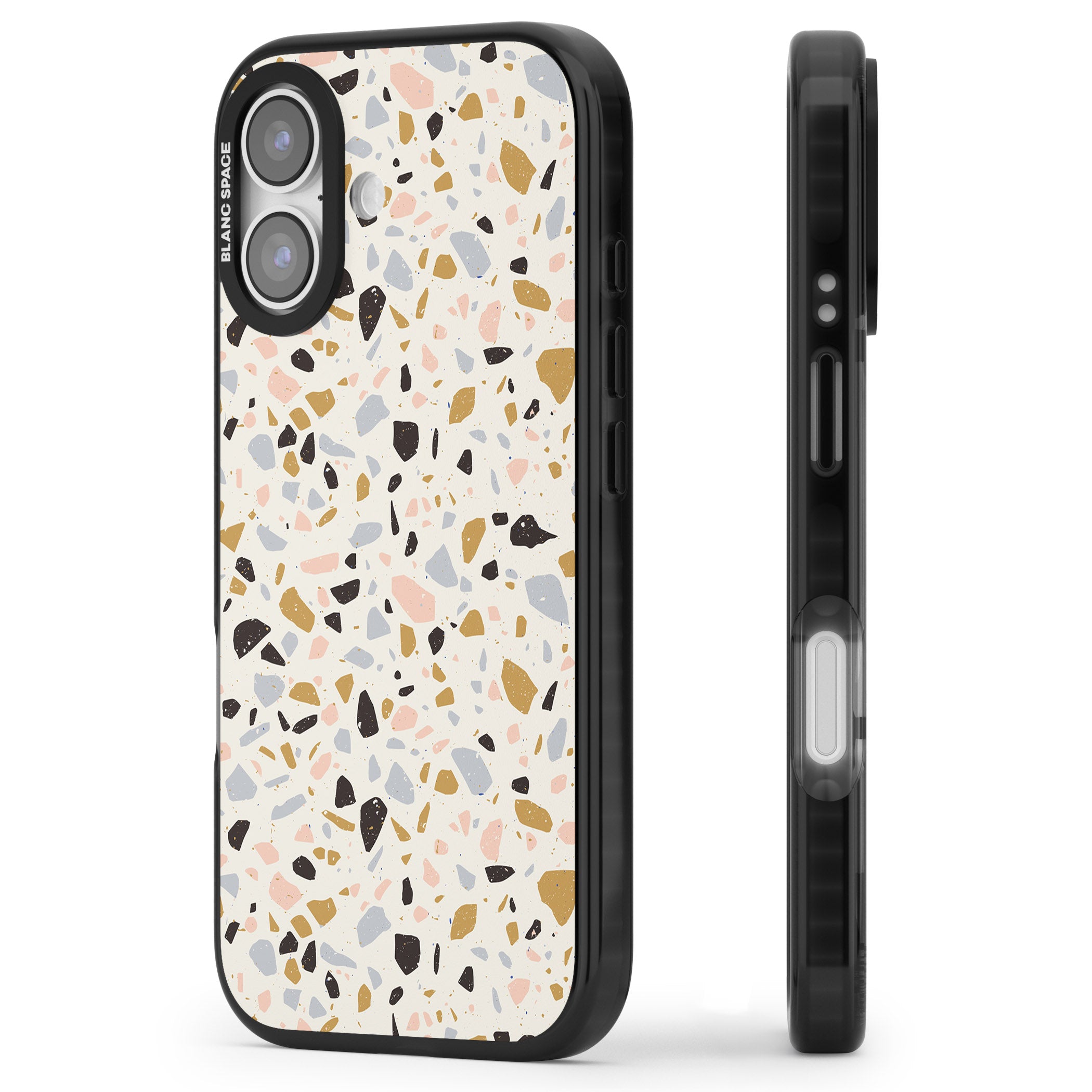 Pale Pink, Blue, & Mocha Terrazzo Pattern iPhone 17 Impact Pro Black Phone Case Side Profile