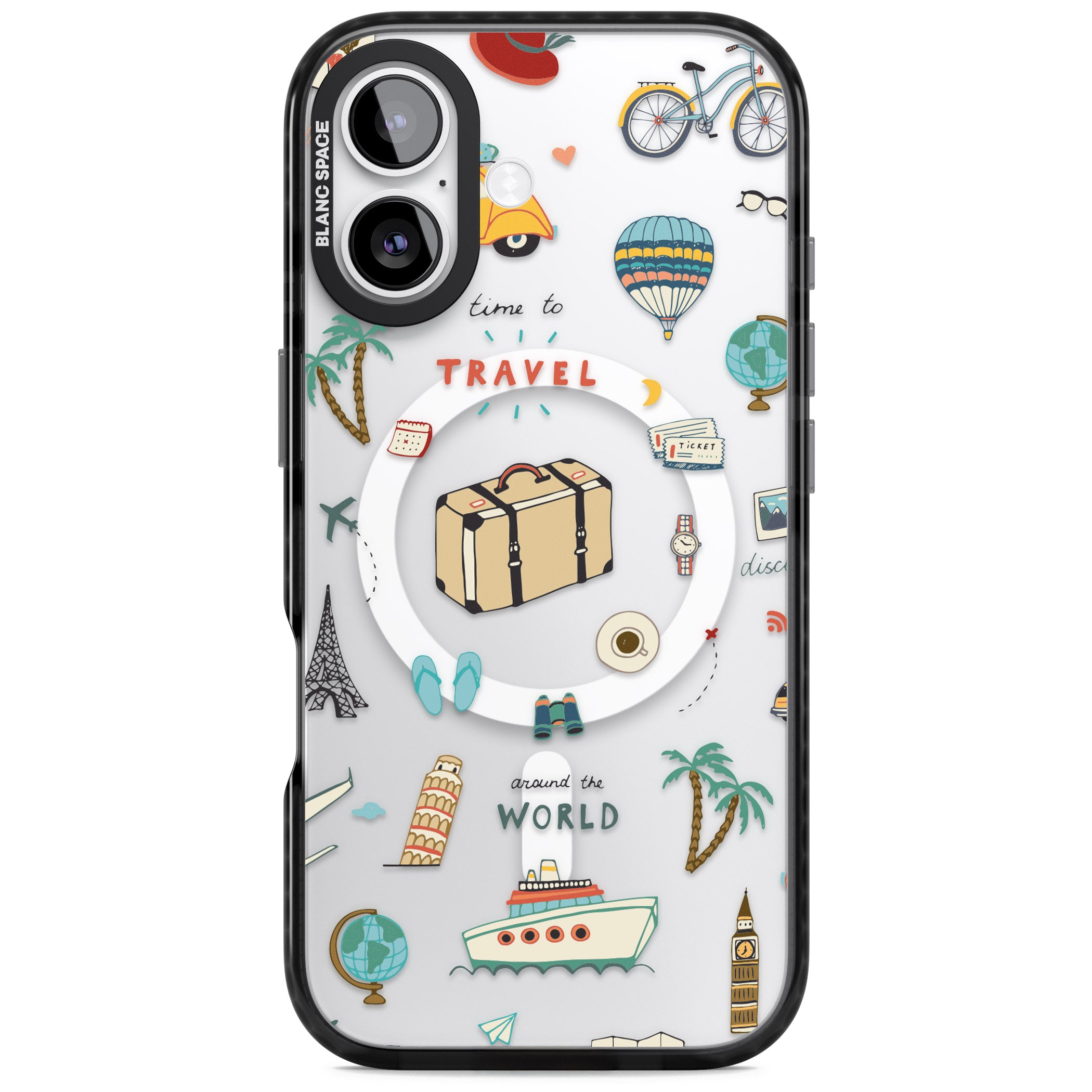 Cute Travel Pattern Transparent iPhone 17 Impact Pro Black Phone Case