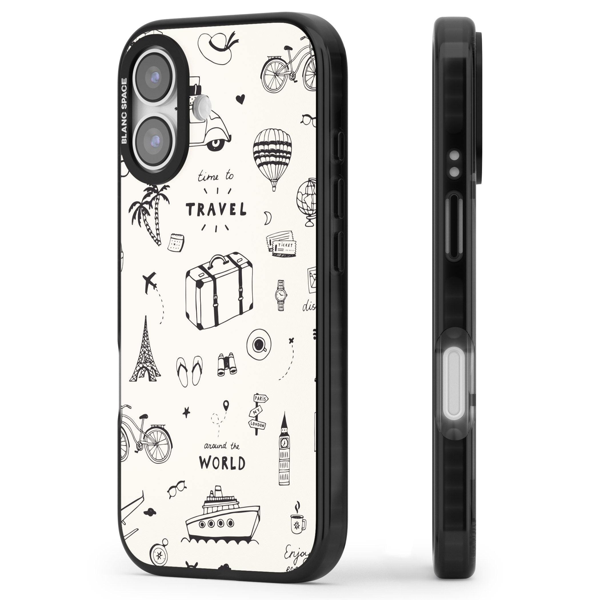 Cute Travel Pattern, White On iPhone 17 Impact Pro Black Phone Case Side Profile
