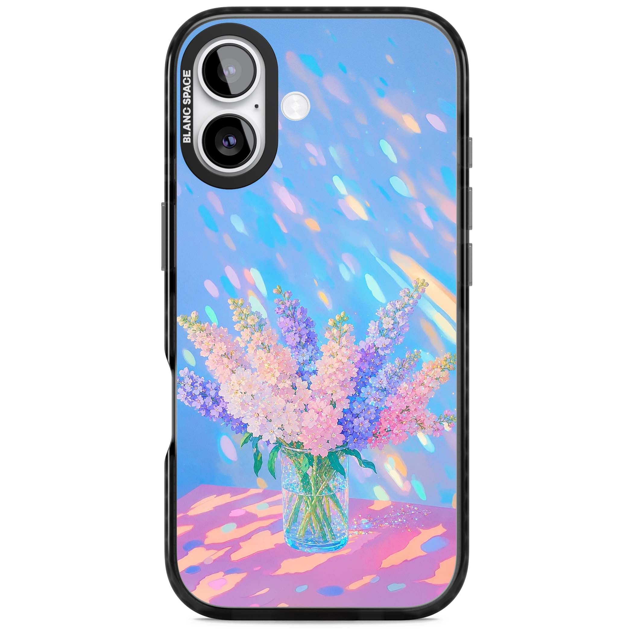 Bubblegum Flowers floral iPhone case featuring pastel lilac and pink bouquet in a glass vase with iridescent light | Black Impact Magsafe case for iPhone 17