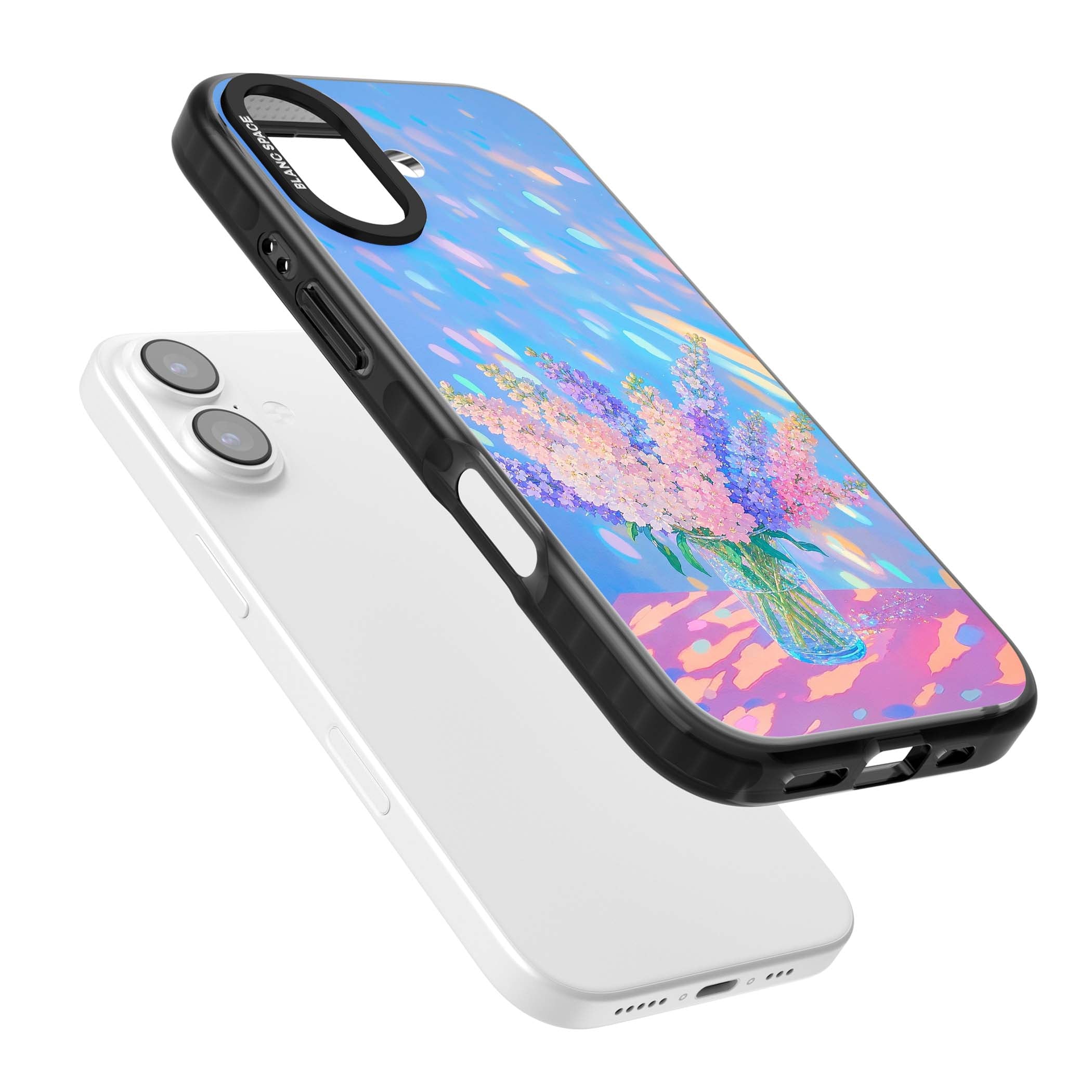 Bubblegum Flowers floral iPhone case featuring pastel lilac and pink bouquet in a glass vase with iridescent light | Black Impact Magsafe case for iPhone 17
