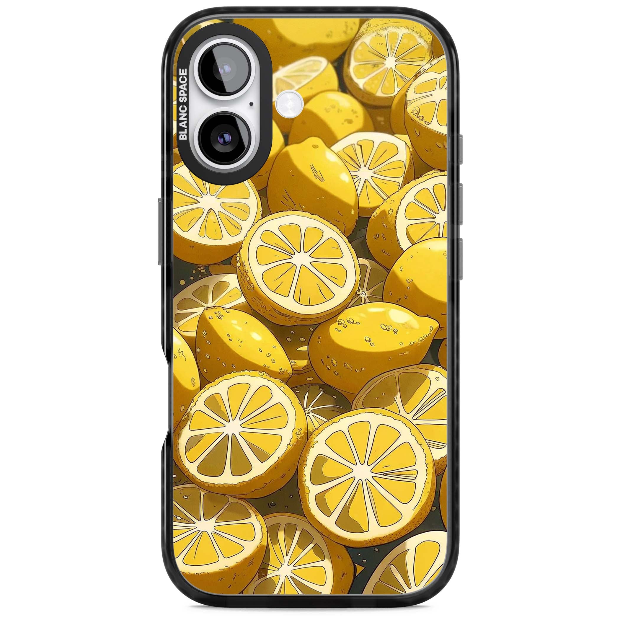 Zesty coastal iPhone case featuring illustrated Mediterranean lemons and citrus slices in golden yellow | Black Impact Magsafe case for iPhone 17