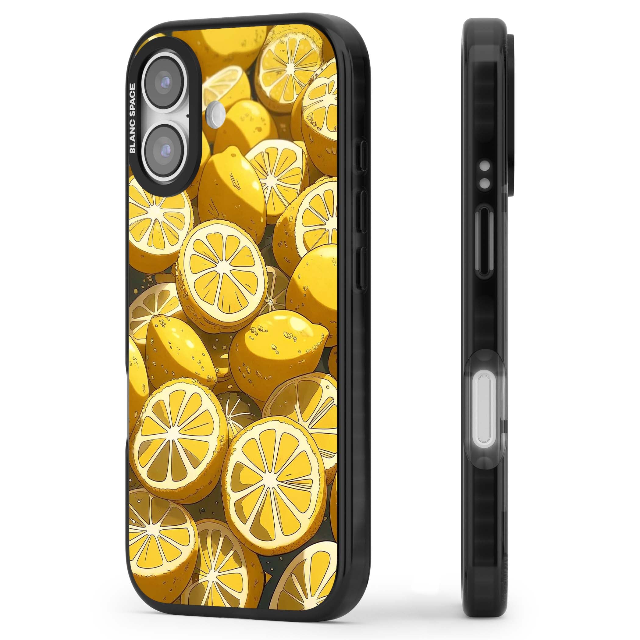 Zesty coastal iPhone case featuring illustrated Mediterranean lemons and citrus slices in golden yellow | Black Impact Magsafe case for iPhone 17