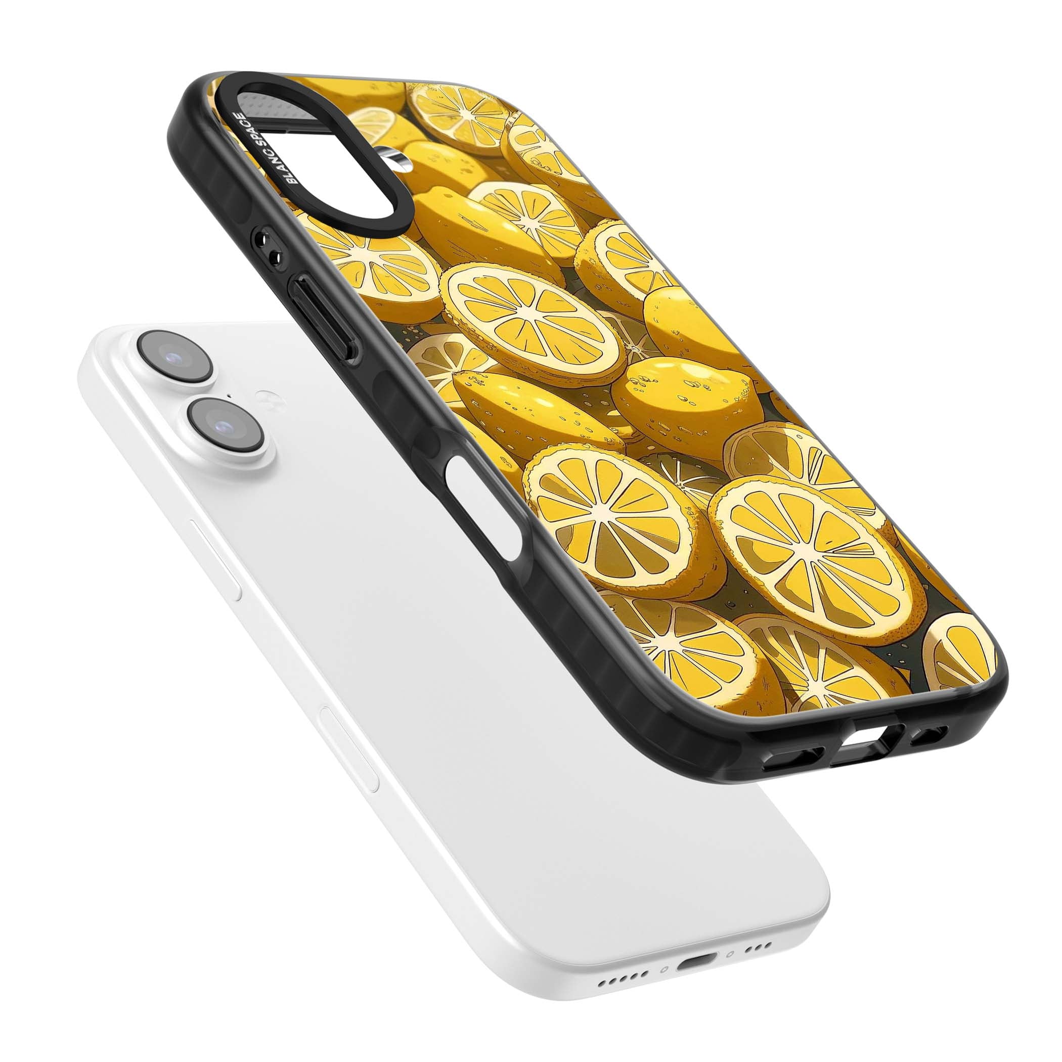 Zesty coastal iPhone case featuring illustrated Mediterranean lemons and citrus slices in golden yellow | Black Impact Magsafe case for iPhone 17
