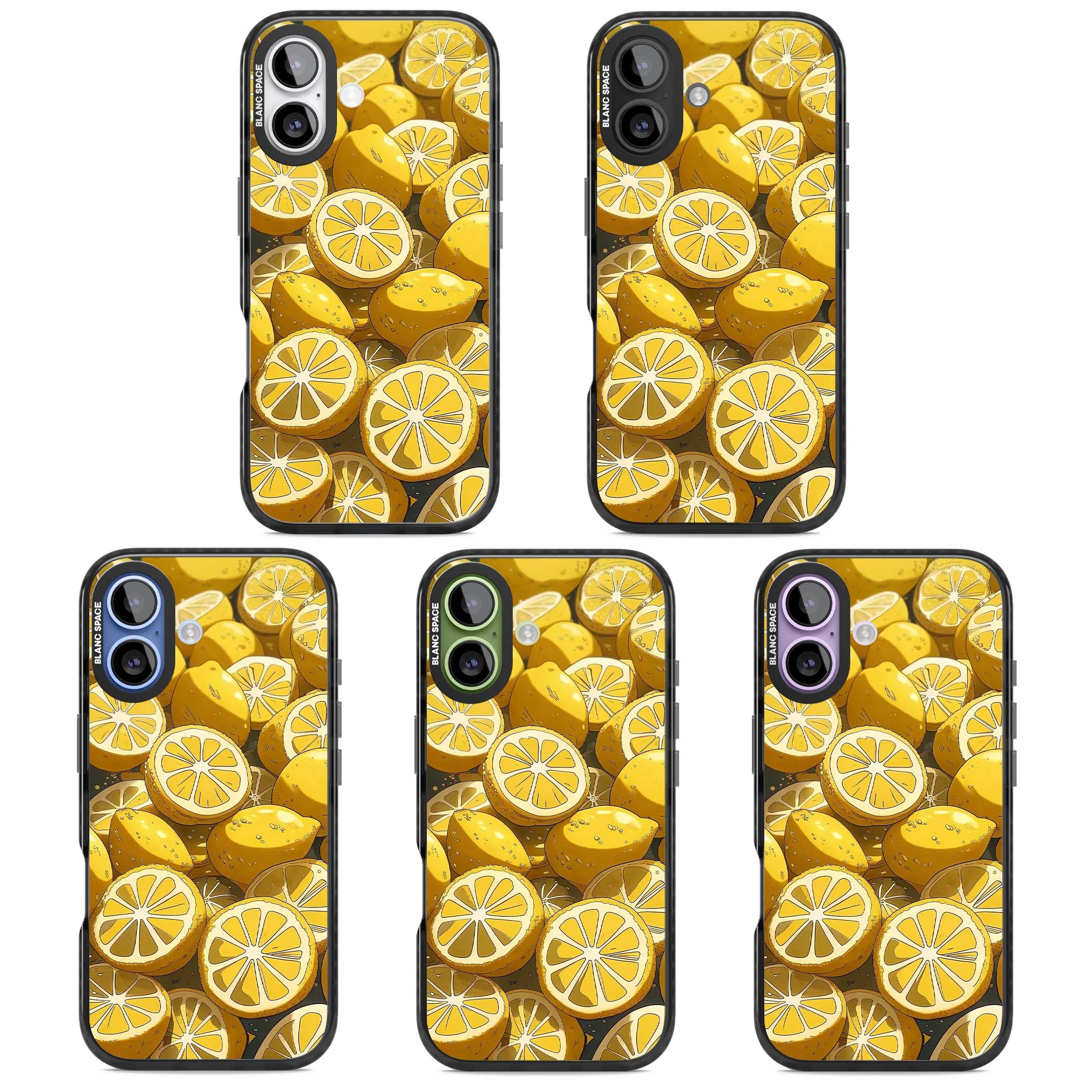 Zesty coastal iPhone case featuring illustrated Mediterranean lemons and citrus slices in golden yellow | Black Impact Magsafe case for iPhone 17