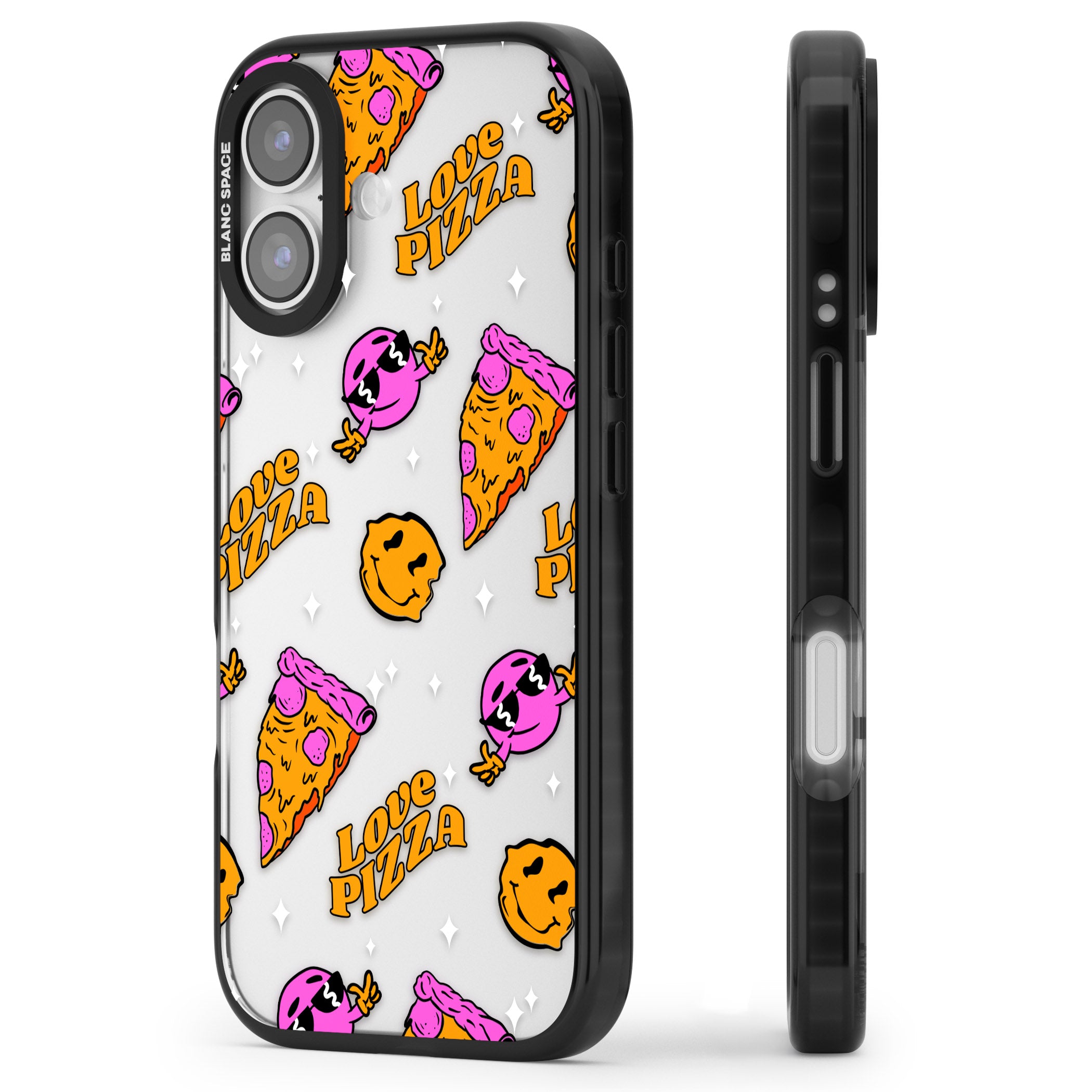 Psychedelic Love Pizza Pattern (Clear) iPhone 17 Impact Black Phone Case Side Profile