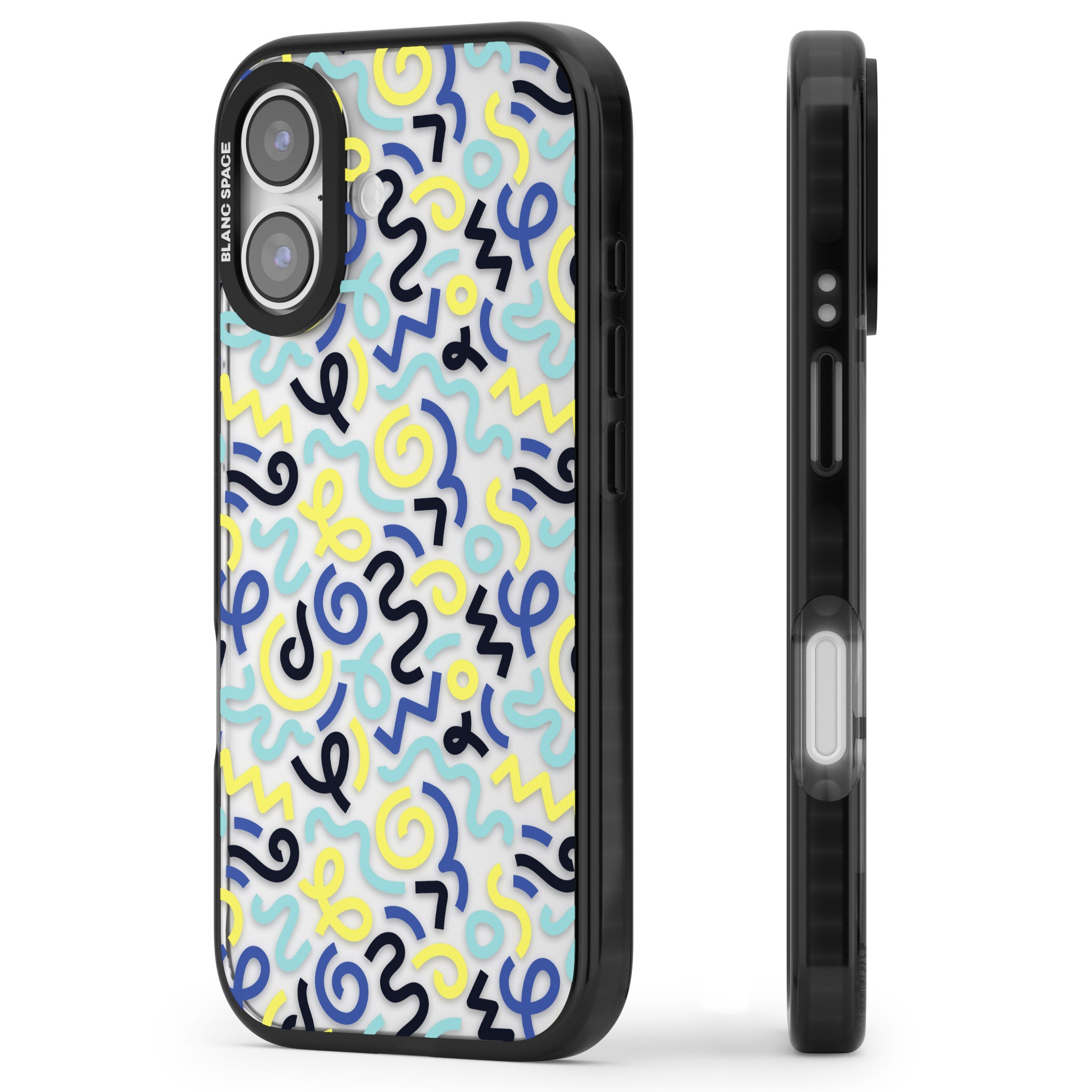 Blue & Yellow Memphis Retro iPhone 17 Impact Black Phone Case Side Profile