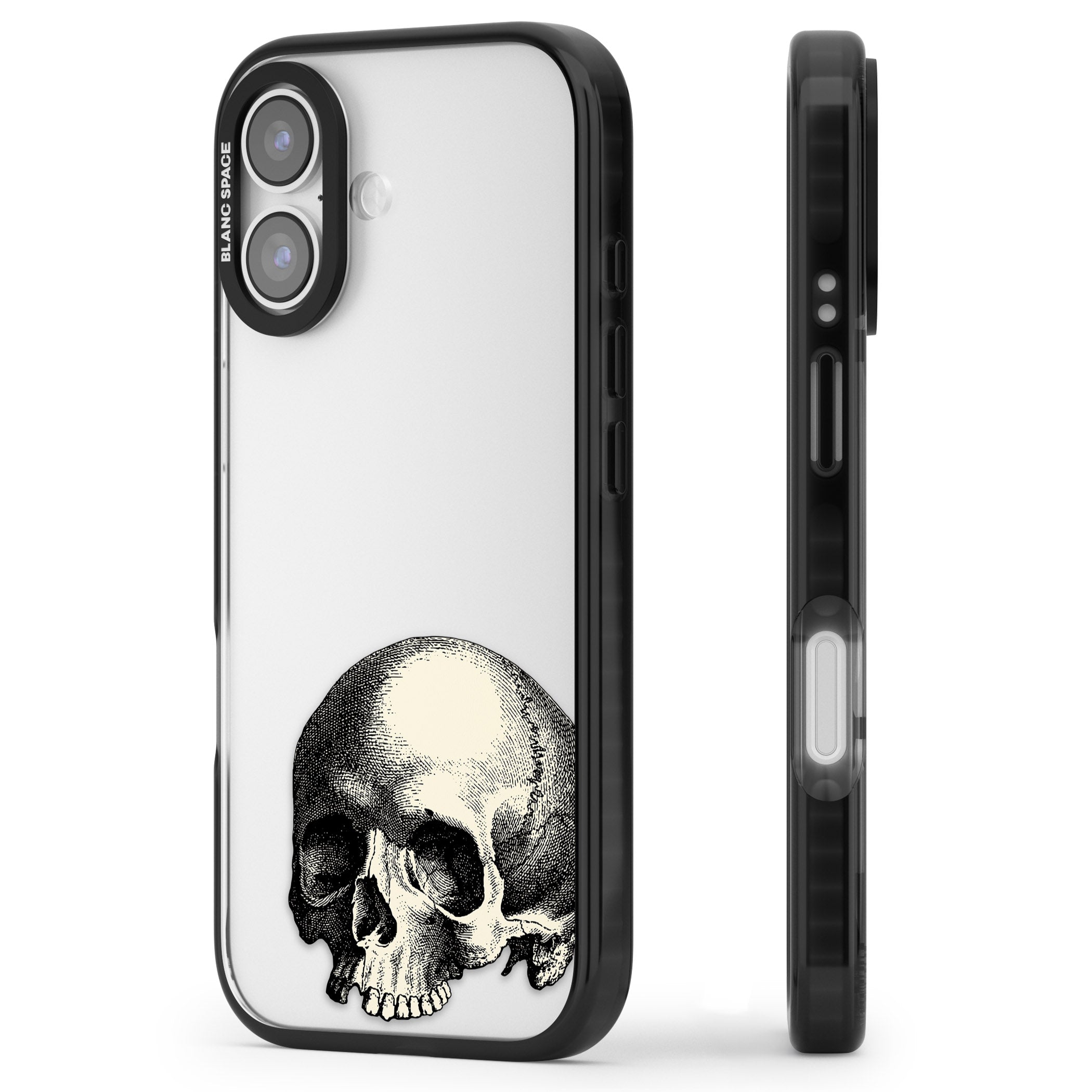 Minimal Vintage Skull iPhone 17 Impact Black Phone Case Side Profile