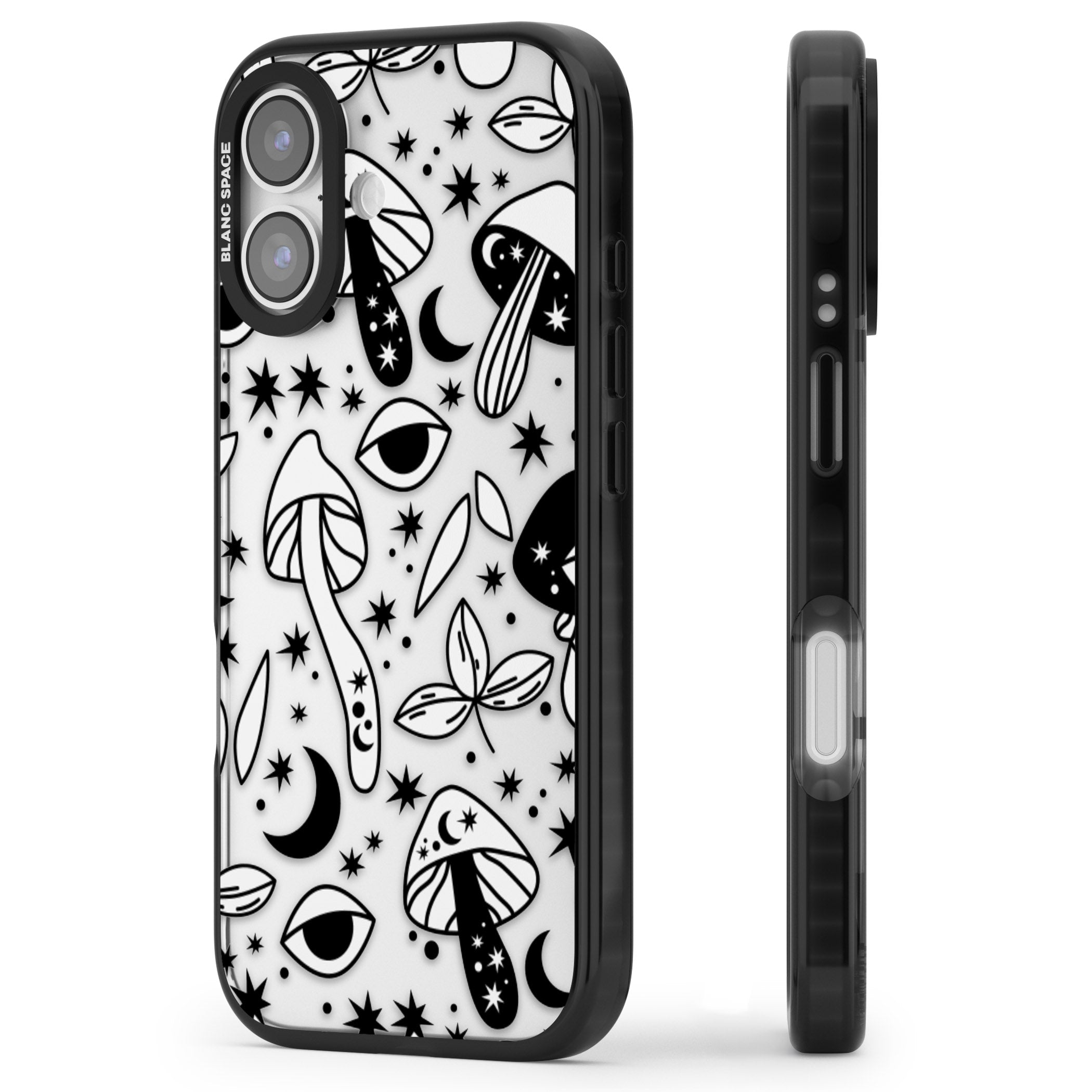 Mystic Mushrooms Pattern iPhone 17 Impact Black Phone Case Side Profile