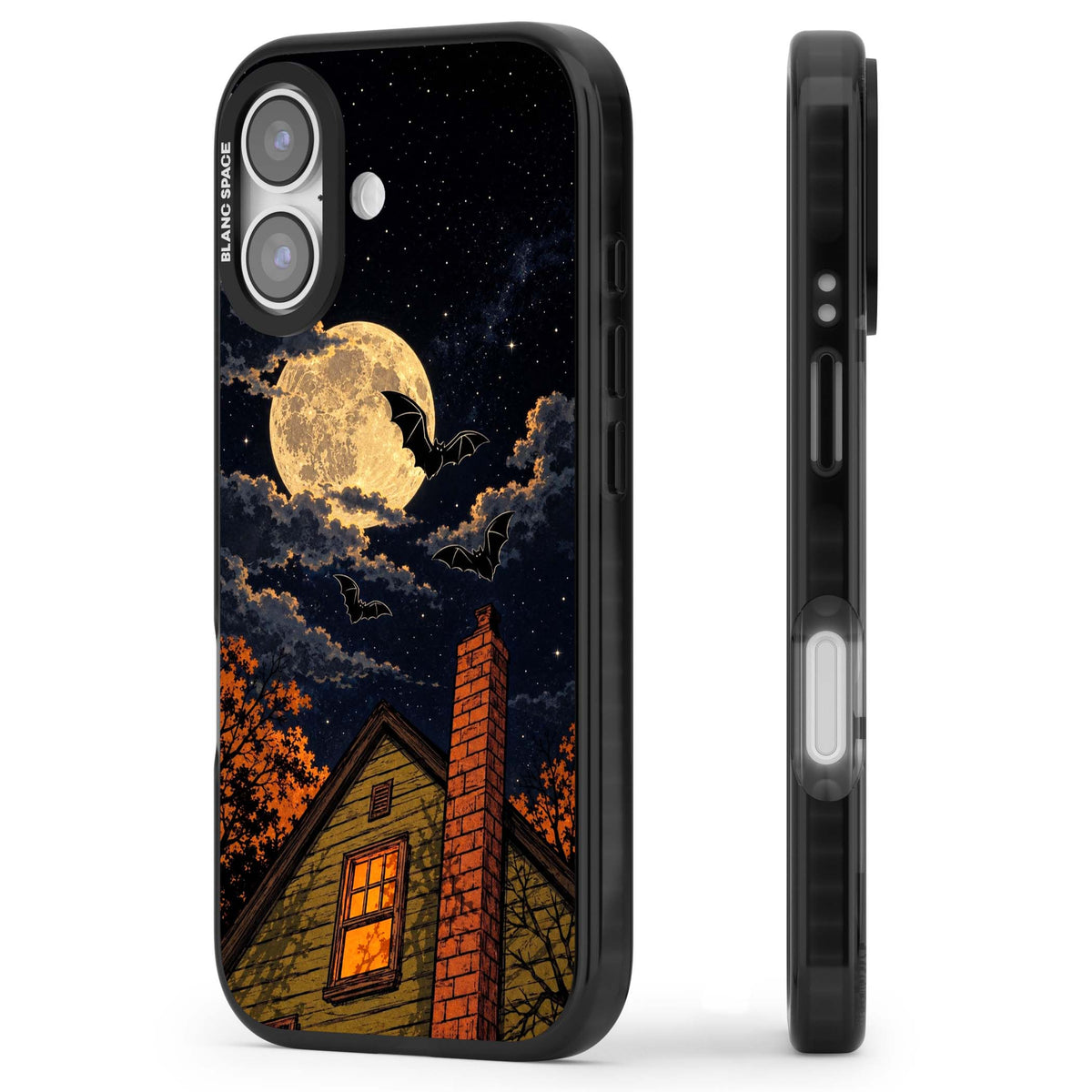 Hollows Eve Halloween iPhone case featuring a haunted house, full moon and flying bats against a starry autumn sky | Clear Impact case for iPhone 17