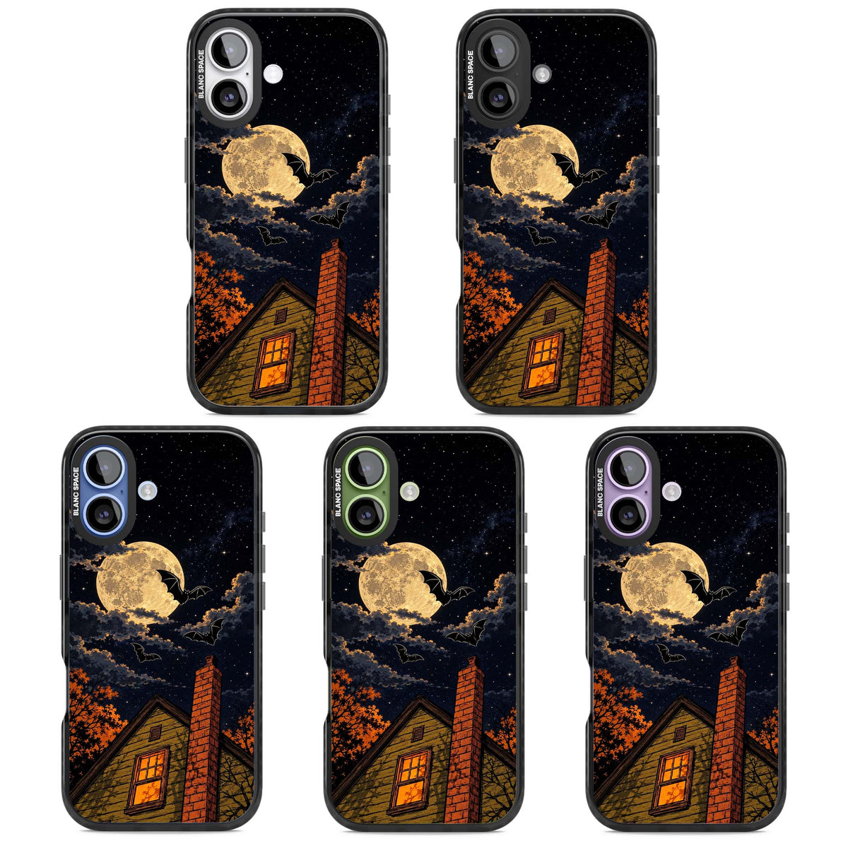 Hollows Eve Halloween iPhone case featuring a haunted house, full moon and flying bats against a starry autumn sky | Clear Impact case for iPhone 17