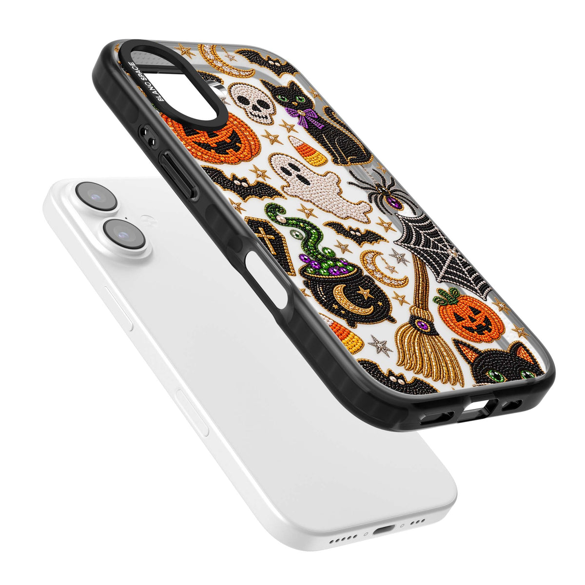 Beaded Halloween Halloween iPhone case featuring beaded pumpkins, ghosts, black cats and bats | Clear Impact case for iPhone 17