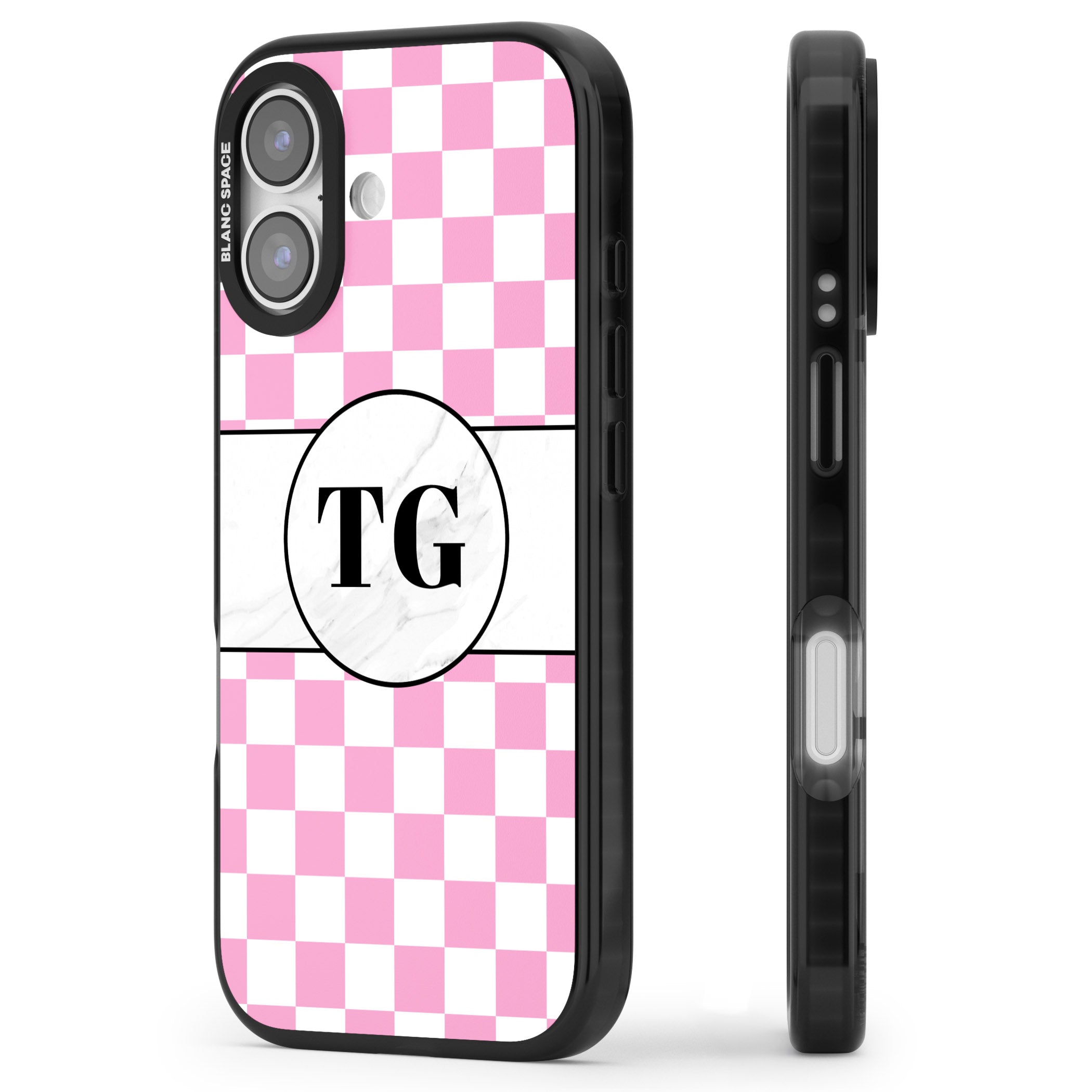 Personalised Monogrammed Pink Check iPhone 17 Impact Black Phone Case Side Profile