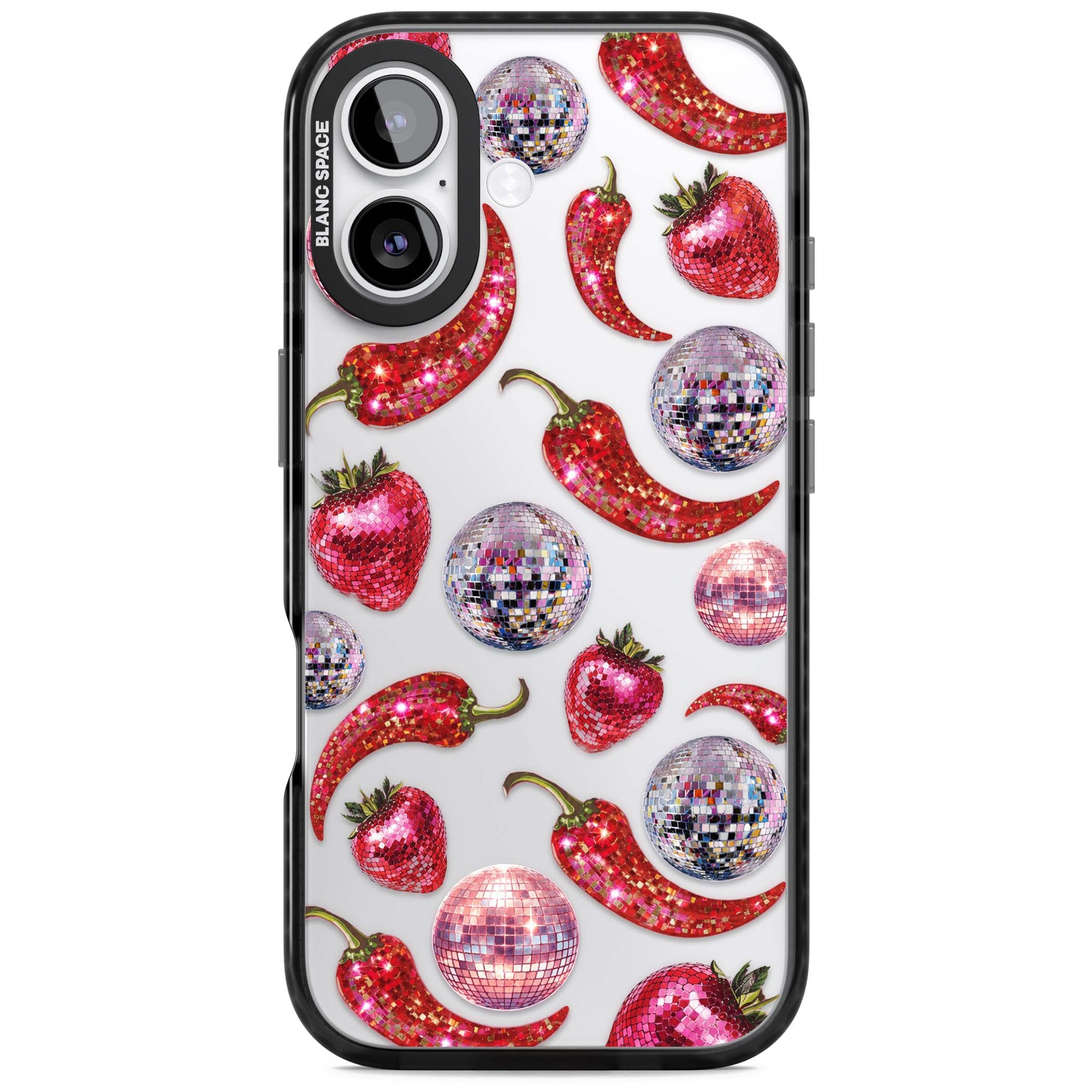 Spicy Disco Y2K iPhone case featuring glitter disco balls, sparkly strawberries and red chilli peppers | Clear Impact case for iPhone 17
